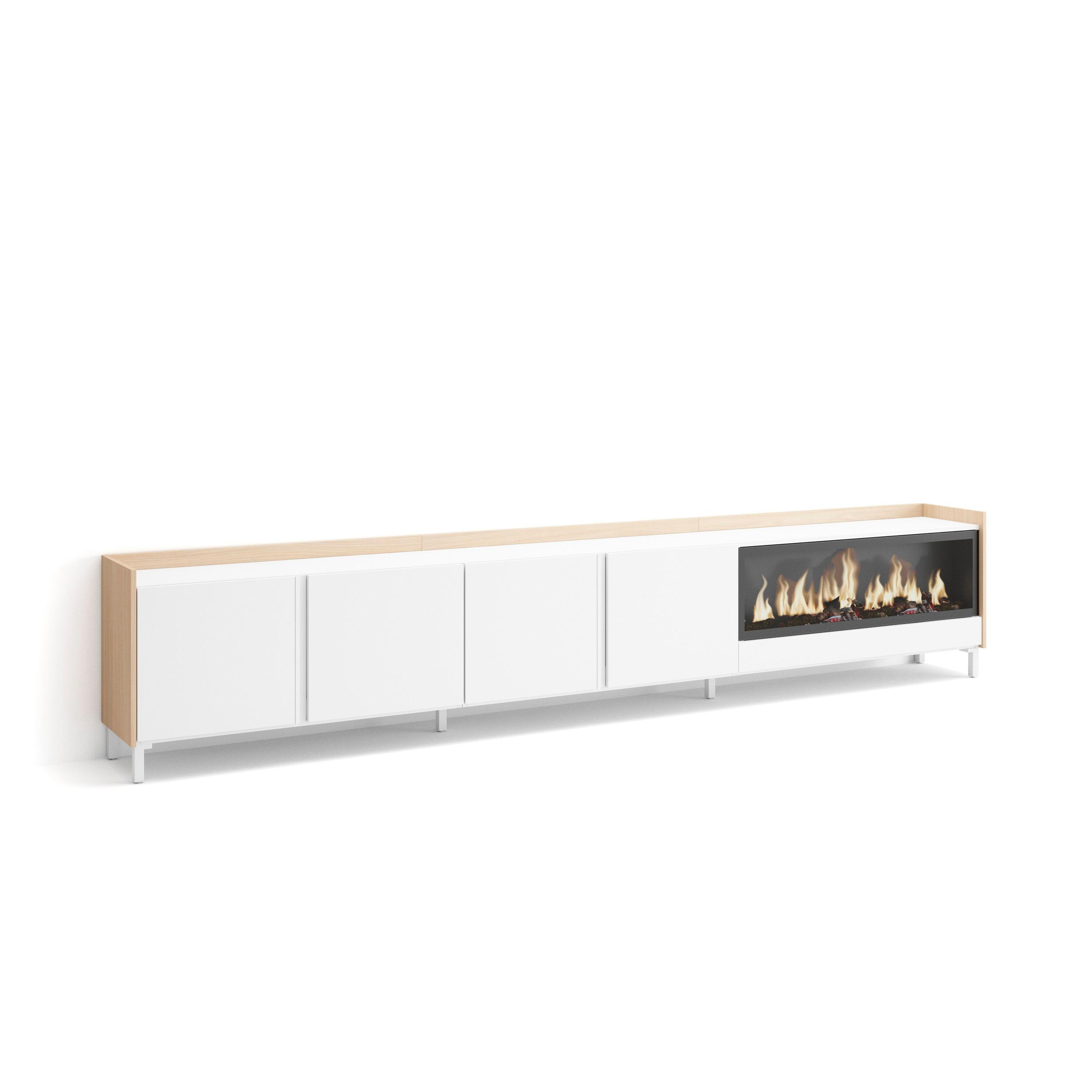 LOWBOARD, Weiß und Eiche, 315/35/61cm, Kamin mit Feuereffekt XXL - Weiß, Holzwerkstoff (315/61/35cm) - Skraut Home