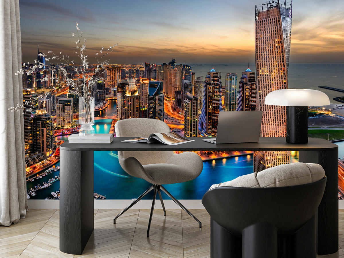 FOTOTAPETA Pre Kanceláriu Mrakodrapy Dubai Marina Prístav Svetlá Moderná 250 x 175 cm - oranžová/hnedá, papier (250/175cm) - Muralo