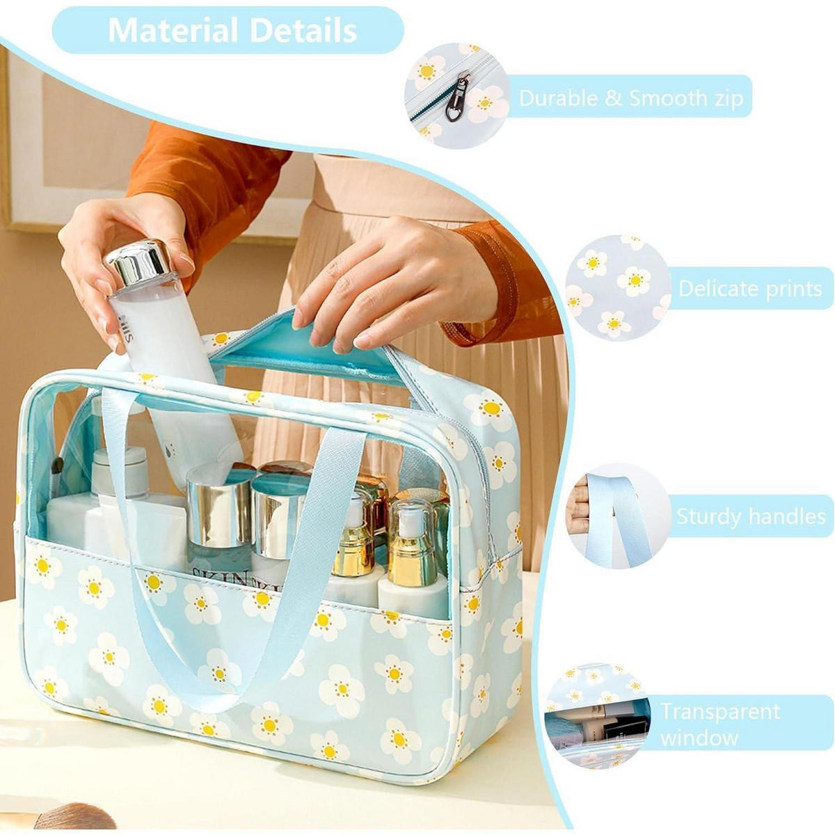 KULTURTASCHEN Set 3-teilig Transparent Blumen Blau - Hellblau, Kunststoff (21/10/30cm)