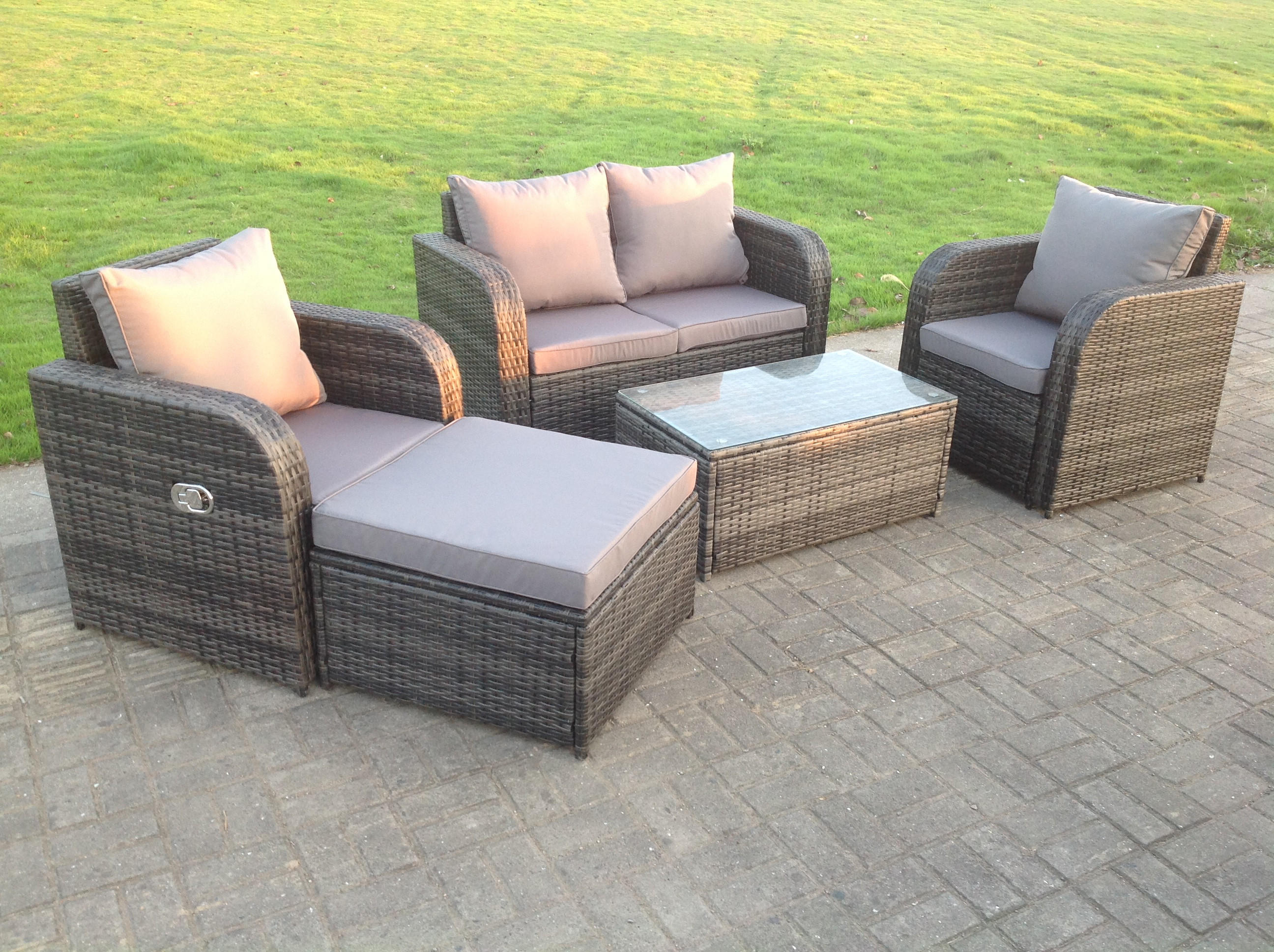 GARTENSET Polyrattan 5-Sitzer - Dunkelgrau/Grau, Glas/Kunststoff - Fimous