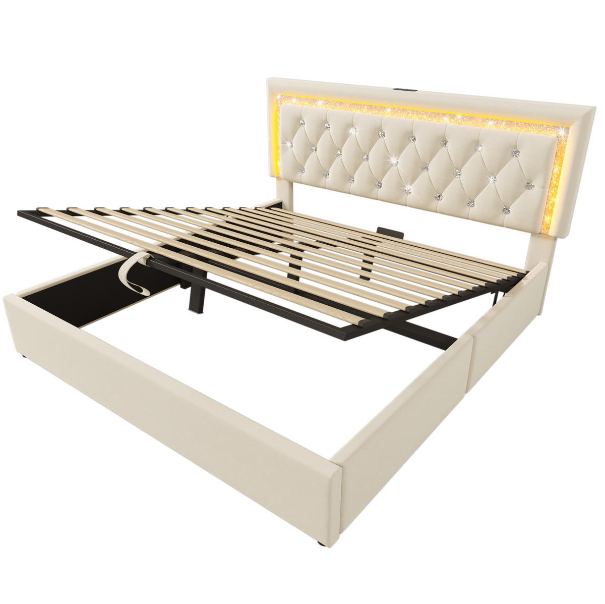 BETT mit LED und Stauraum 140x200 cm Samt Beige inkl. Matratze - Beige, Metall (140/200cm) - Meubliv