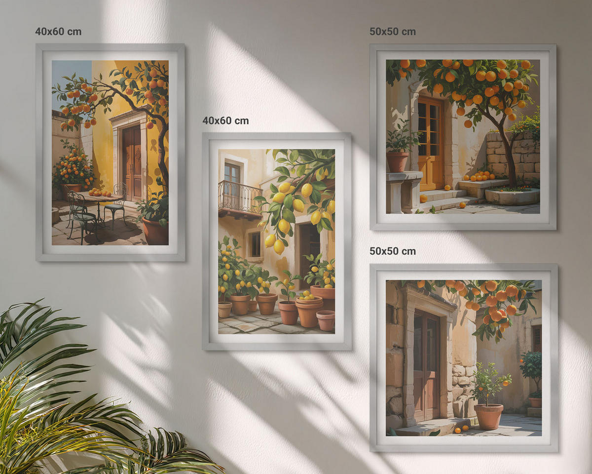 BILDER SET 4er Set - 50x50 cm & 40x60 cm Silberner Rahmen - Zitrusfrüchte in der Sonne - Silberfarben, Kunststoff (50/50cm) - TULUP