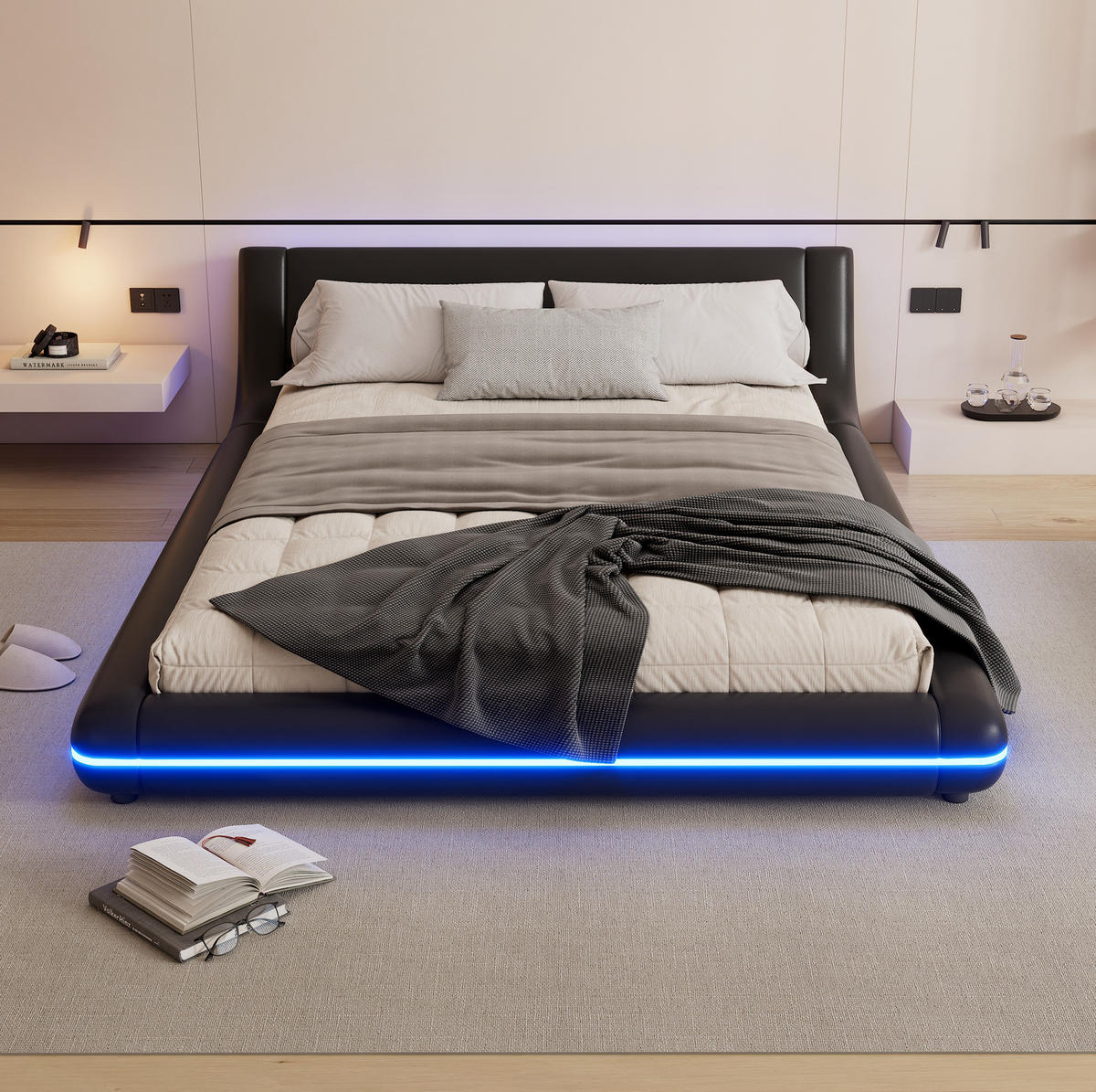 BODENBETT aus PU und MDF 140x200 cm Schwarz mit LED-Umgebungslicht und pflegeleichter Oberfläche - Schwarz, Kunststoff (140/200cm) - Modfu
