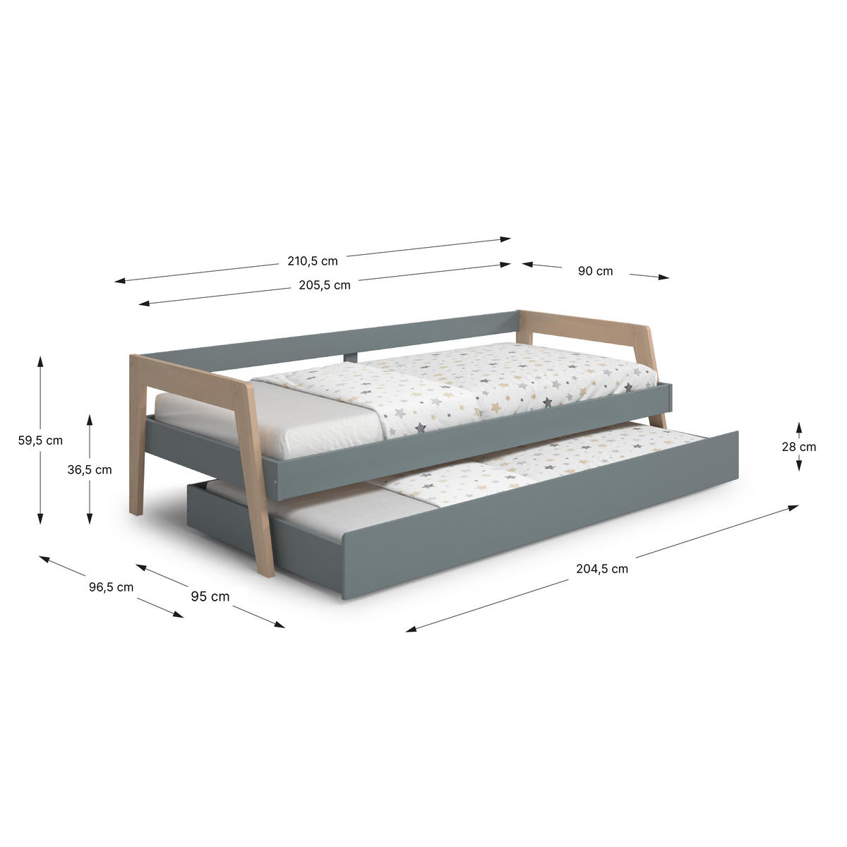 BETT 90x200 cm mit Schublade Bett 90x190 cm 96,4/210,4/59,5 cm - Grün, Holz - Calicosy