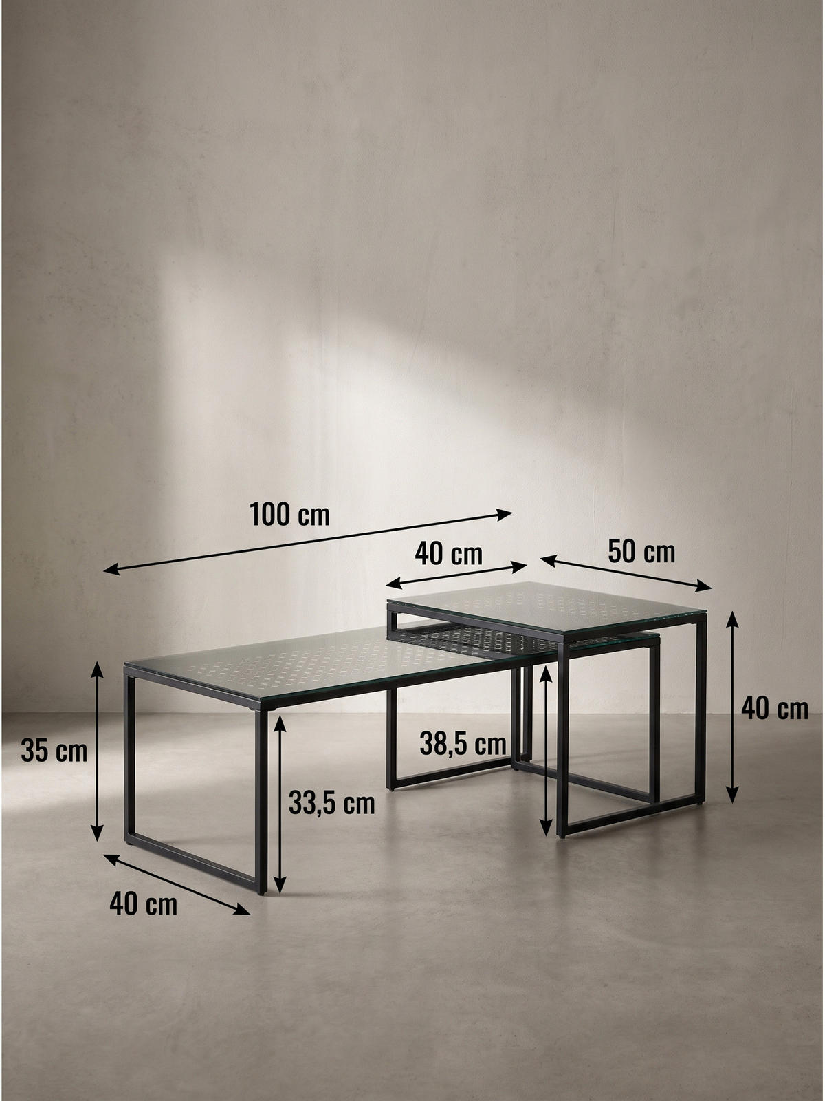 SOFATISCHE 2er-Set ALCUDIA, Einscheibensicherheitsglas, Schwarz, 100 x 40 x 35 cm - Schwarz, Glas/Metall (40/100/35cm) - KADIMA DESIGN