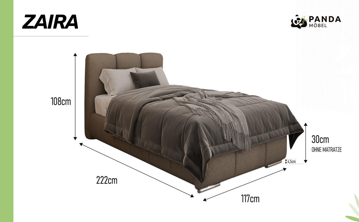 POLSTERBETT ZAIRA 90 x 200 cm mit Bettkasten und Lattenrost, 7-Zonen-Taschenfederkernmatratze CIRA (24 cm) – Braun - Braun, Holz (90/200cm) - Panda Möbel