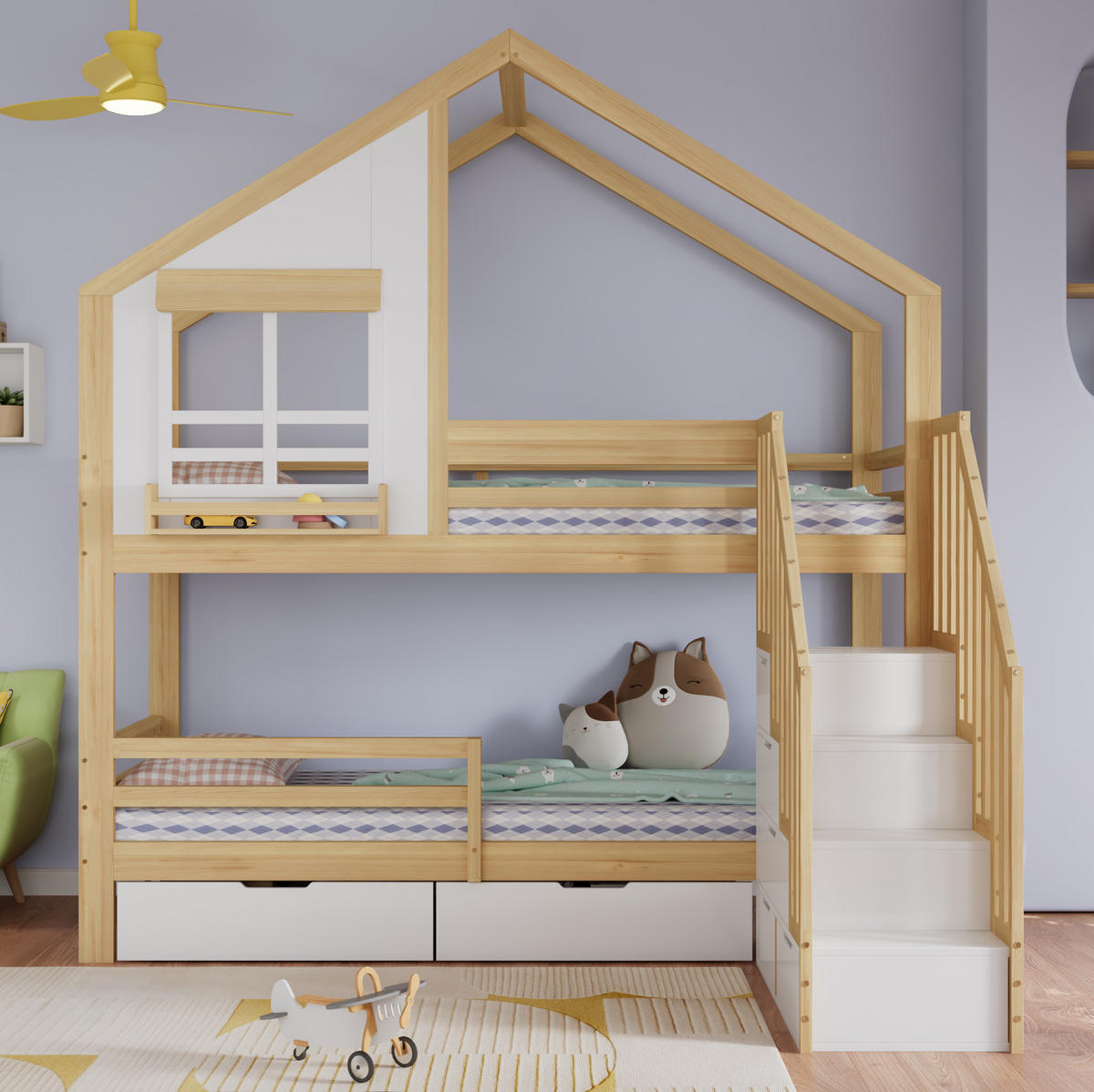 ETAGENBETT mit Stauraumtreppe und Rollschubladen 90x200 cm Weiß/Natur - Weiß, Holzwerkstoff (90/200cm) - Beauniv
