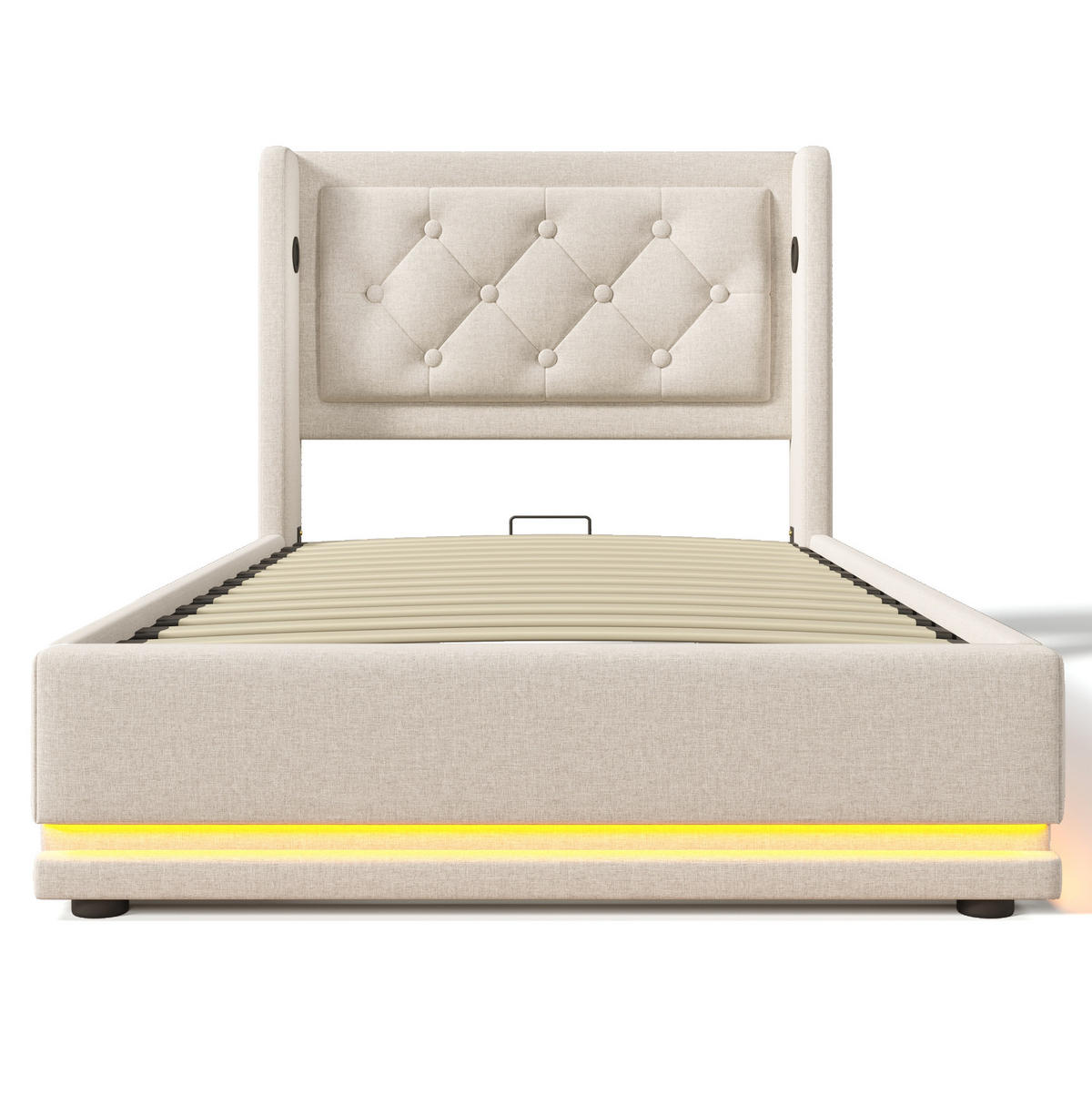 POLSTERBETT 90/200 cm Beige mit hydraulischem Stauraum und USB-Typ-C-Anschluss - Beige, Textil (90/200cm) - OKWISH
