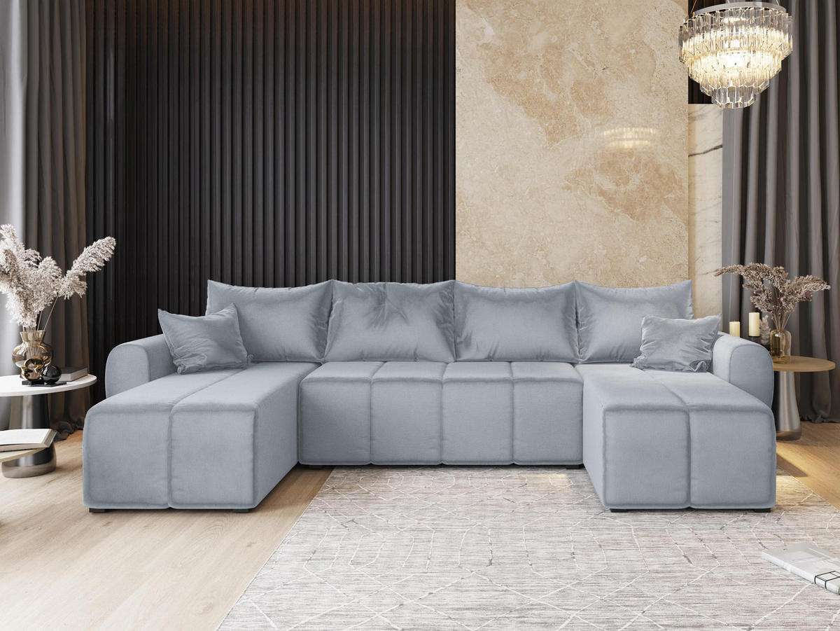 WOHNLANDSCHAFT MADISON U Hellgrau Plüsch-Stoff mit Schlaffunktion - Hellgrau, Holz (311/82/145cm) - MASSENO