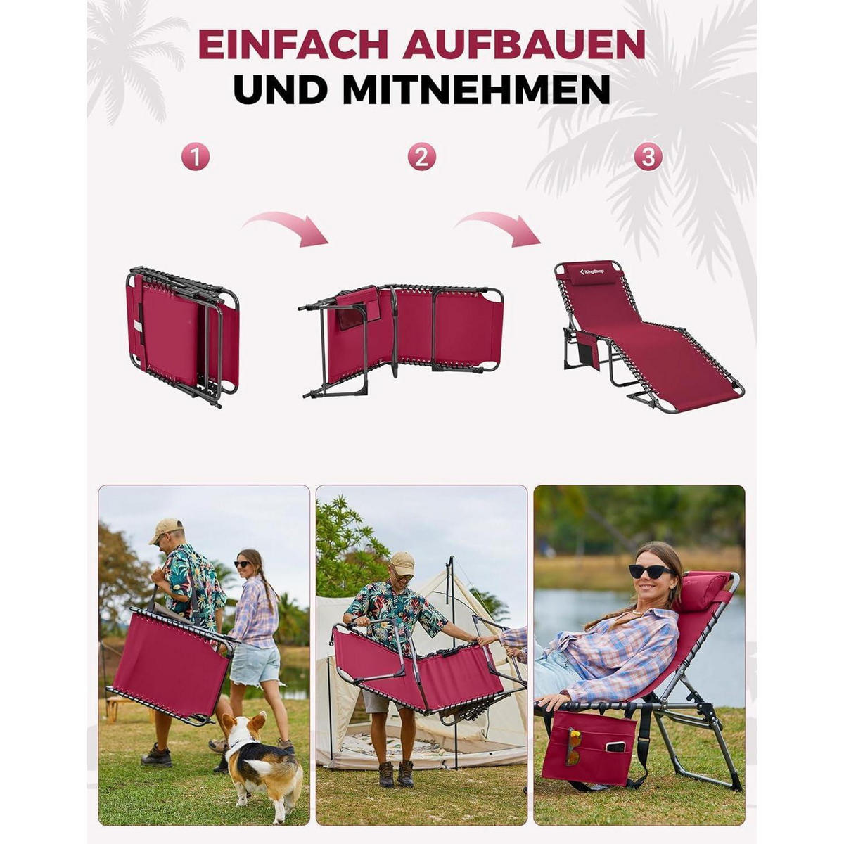 SONNENLIEGE klappbar 5-fach verstellbar Weinrot - Bordeaux, Textil (59/34/190cm)