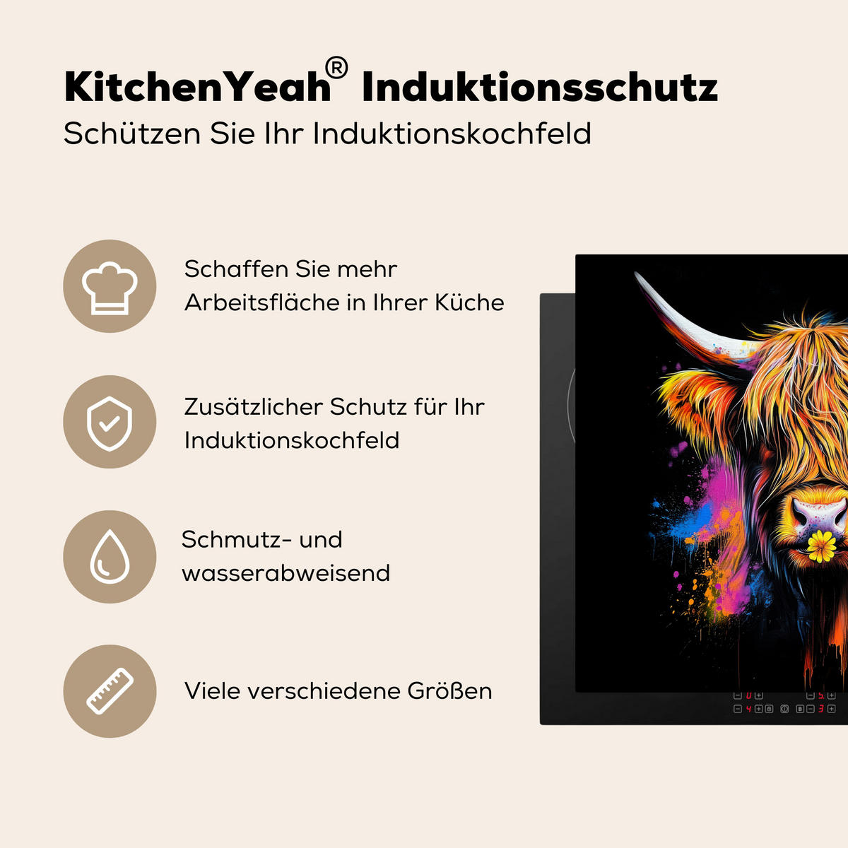HERDABDECKPLATTE Schottischer Highlander - Graffiti - Bunt - Blume - Tiere Herdabdeckung Induktionsfeld 60x52 cm - Multicolor, Kunststoff (60/52/0.2cm) - MuchoWow