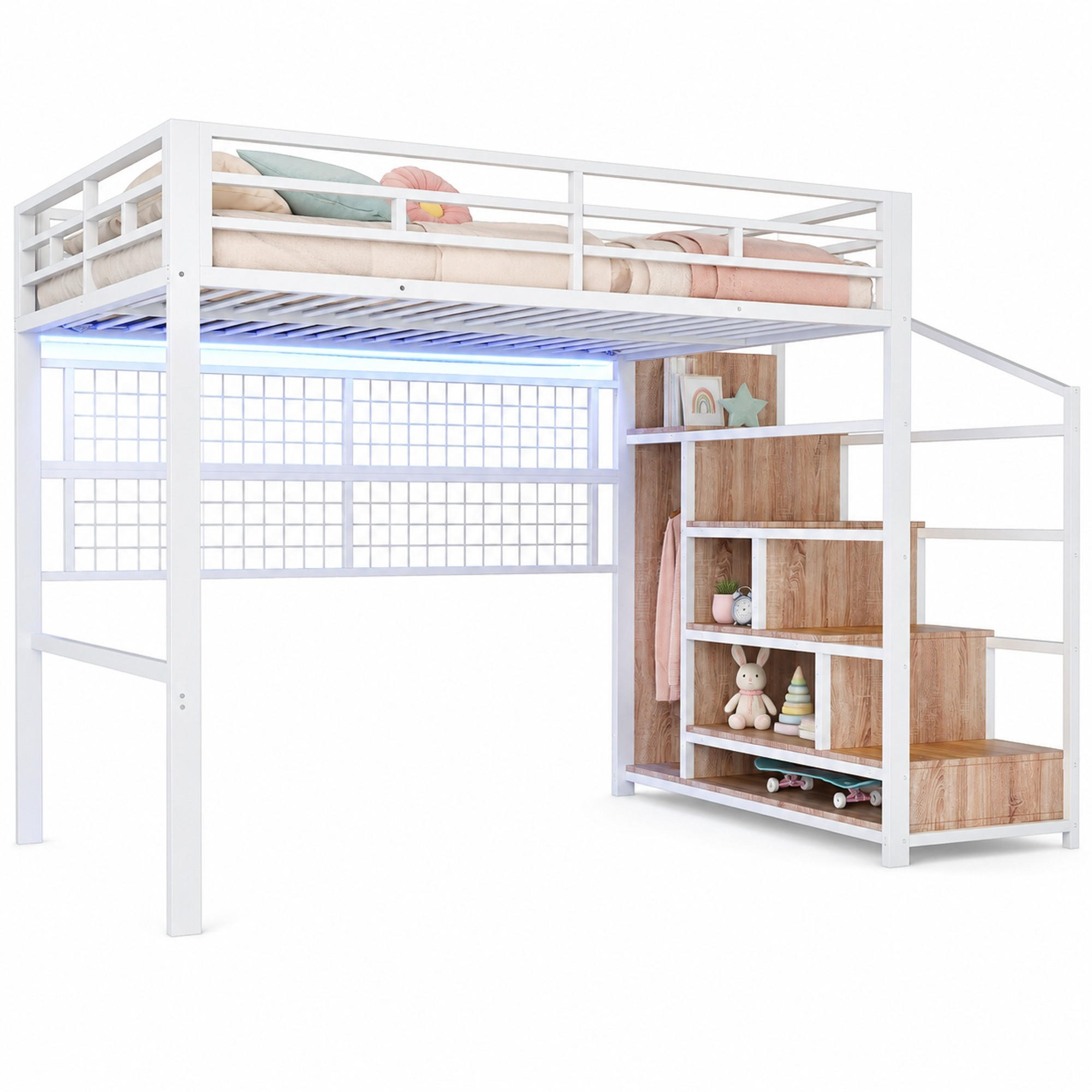 HOCHBETT 140/200 mit Stauraumleiter, Kleiderschrank und LED in Weiß - Weiß, Holzwerkstoff/Metall (140/200cm) - EVRYAE