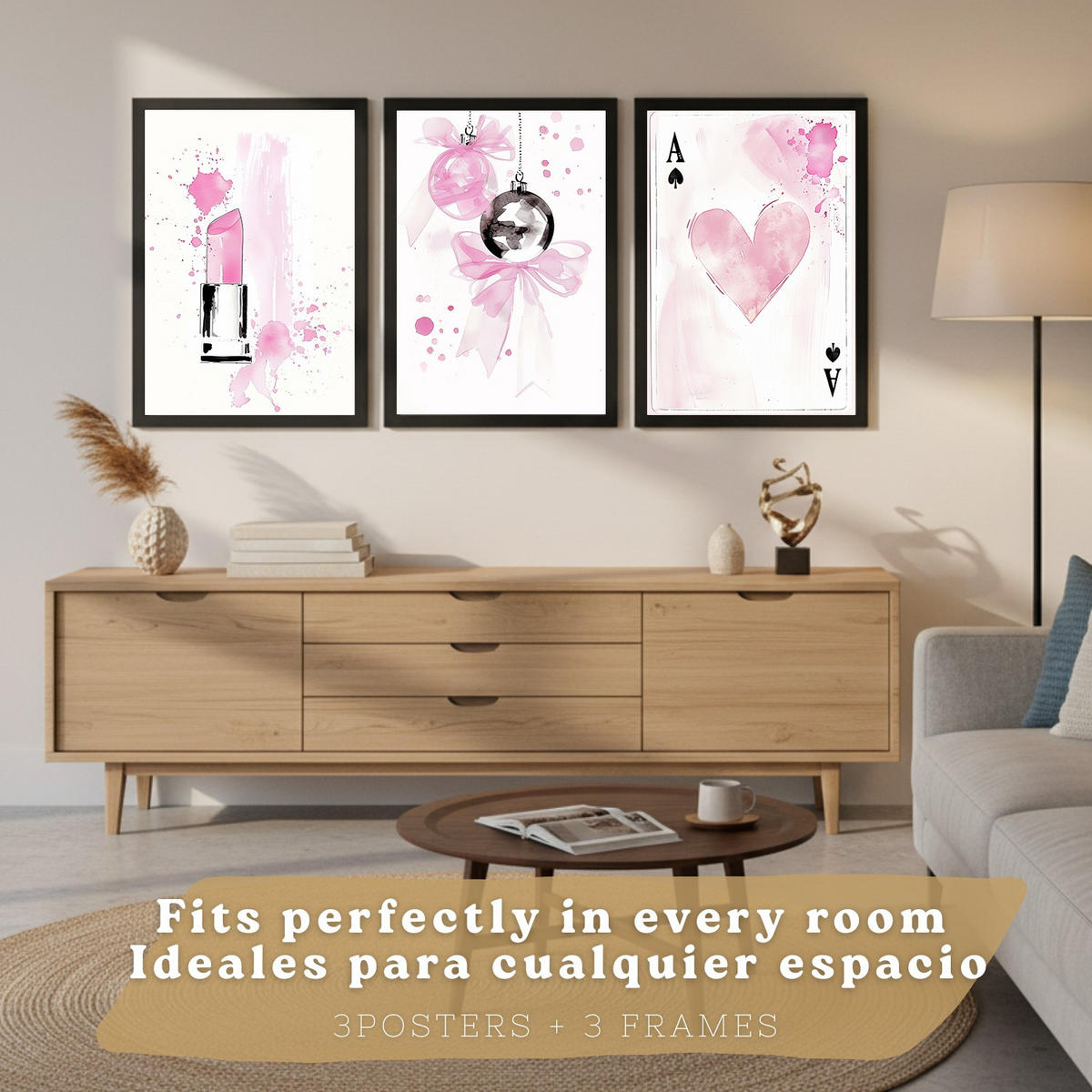 PLAKAT Sada 3 Růžová černá A3 Černý rám - černá, papír (29.7/1/42cm) - Nacnic