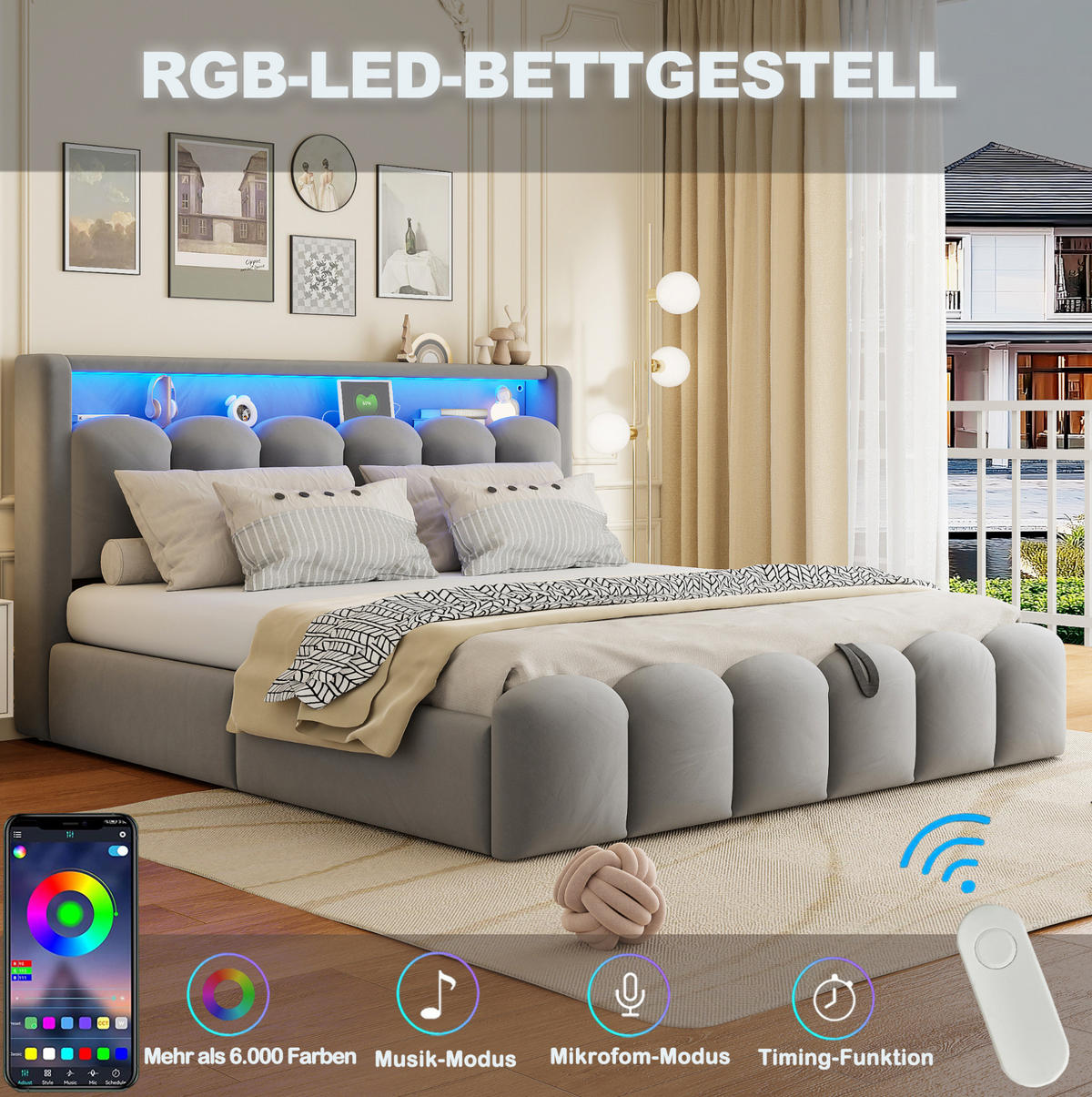 POLSTERBETT 180/200 cm aus Samt mit USB, LED und Stauraum, Grau - Grau, Textil (180/200cm) - OKMYHOME