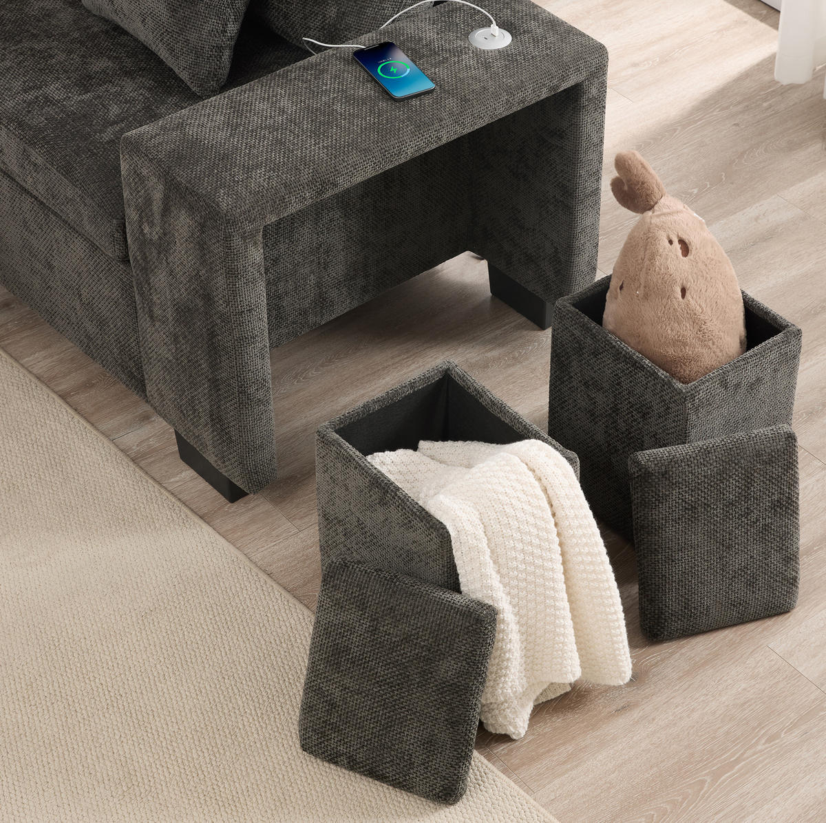 ECKSOFA 220/205/86,5 cm mit Schlaffunktion, Stauraum, USB- und USB-C-Anschluss, Chenille, Grau - Grau, Textil (220/205cm) - Redom