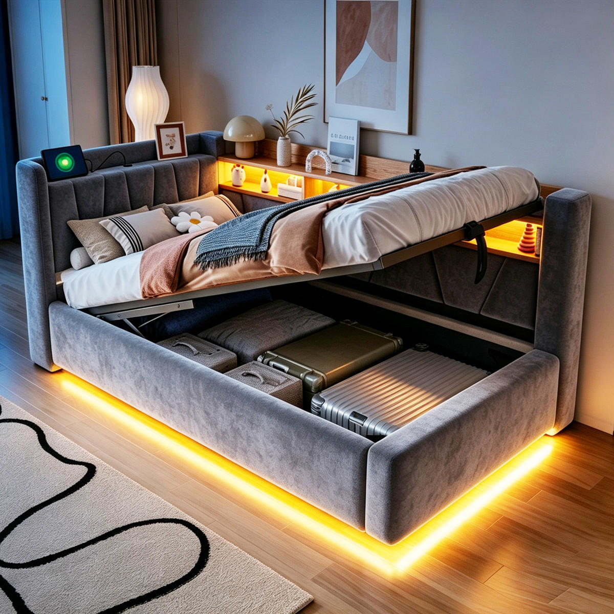 BOXBETT 90/200 mit LED/Regal/USB/Bettkasten, Samt, Grau - Grau, Holz (90/200cm) - LVHOM