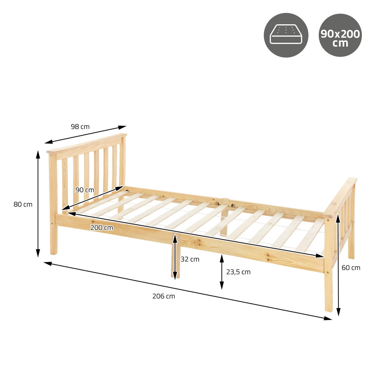 HOLZBETT 90x200 cm Natur Kiefernholz mit Lattenrost und Matratze H10cm - Naturfarben, Holz/Textil (90/200cm) - ML-DESIGN