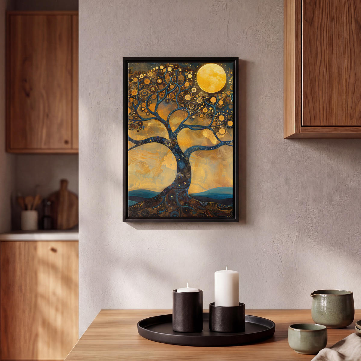 LEINWAND Bilder mit Rahmen - Baum - Mond - Blumen - Gold - Kunst - 20x30 - Orange, Textil (20/30cm) - MuchoWow