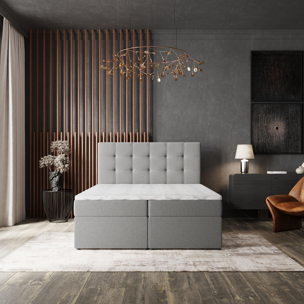 BOXBETT PALMA 160x200 cm mit Matratze und Topper, H2+H3 - Grau - Grau, Holz (160/200cm) - MASSENO