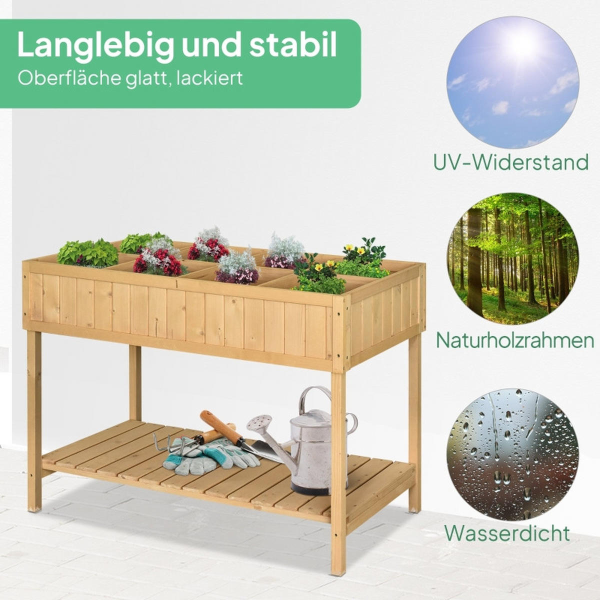 HOCHBEET 110/46/76 cm Naturholz mit 8 Fächer mit Abfluss Ablage - Naturfarben, Holz/Metall (46/76/110cm) - Oxeza