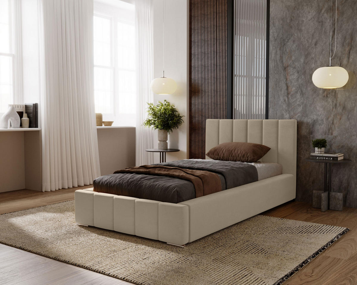 POLSTERBETT Nero 90x200 cm, Einzelbett mit Bettkasten, Lattenrost und Matratze aus Holz, Velourstoff: Braun - Braun, Holz/Kunststoff (90/200cm) - Marpur