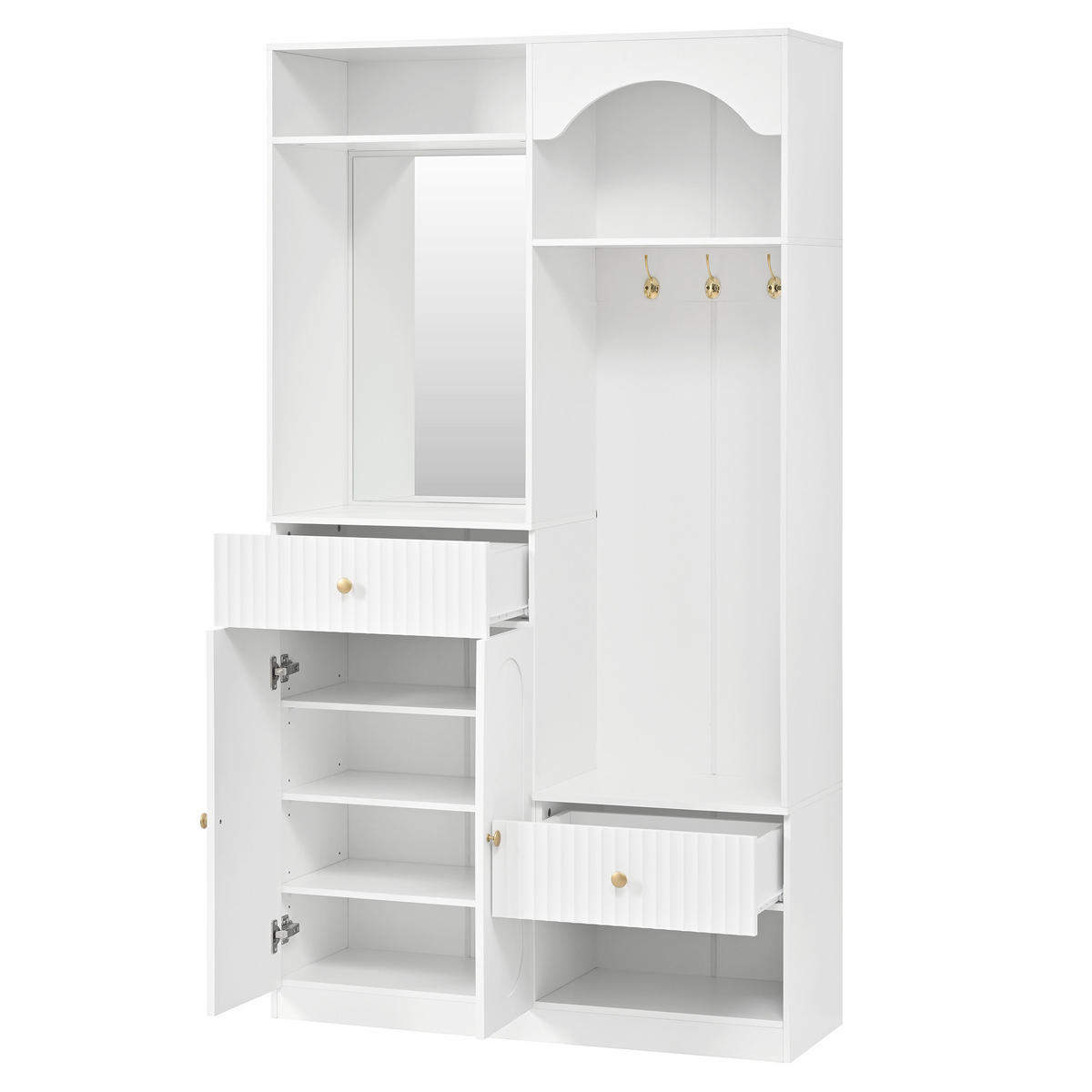 GARDEROBE 100cm Weiß mit LED, Spiegel, Schuhschrank & Sitzbank - Weiß, Holzwerkstoff (100/180/35cm) - Urban Meuble