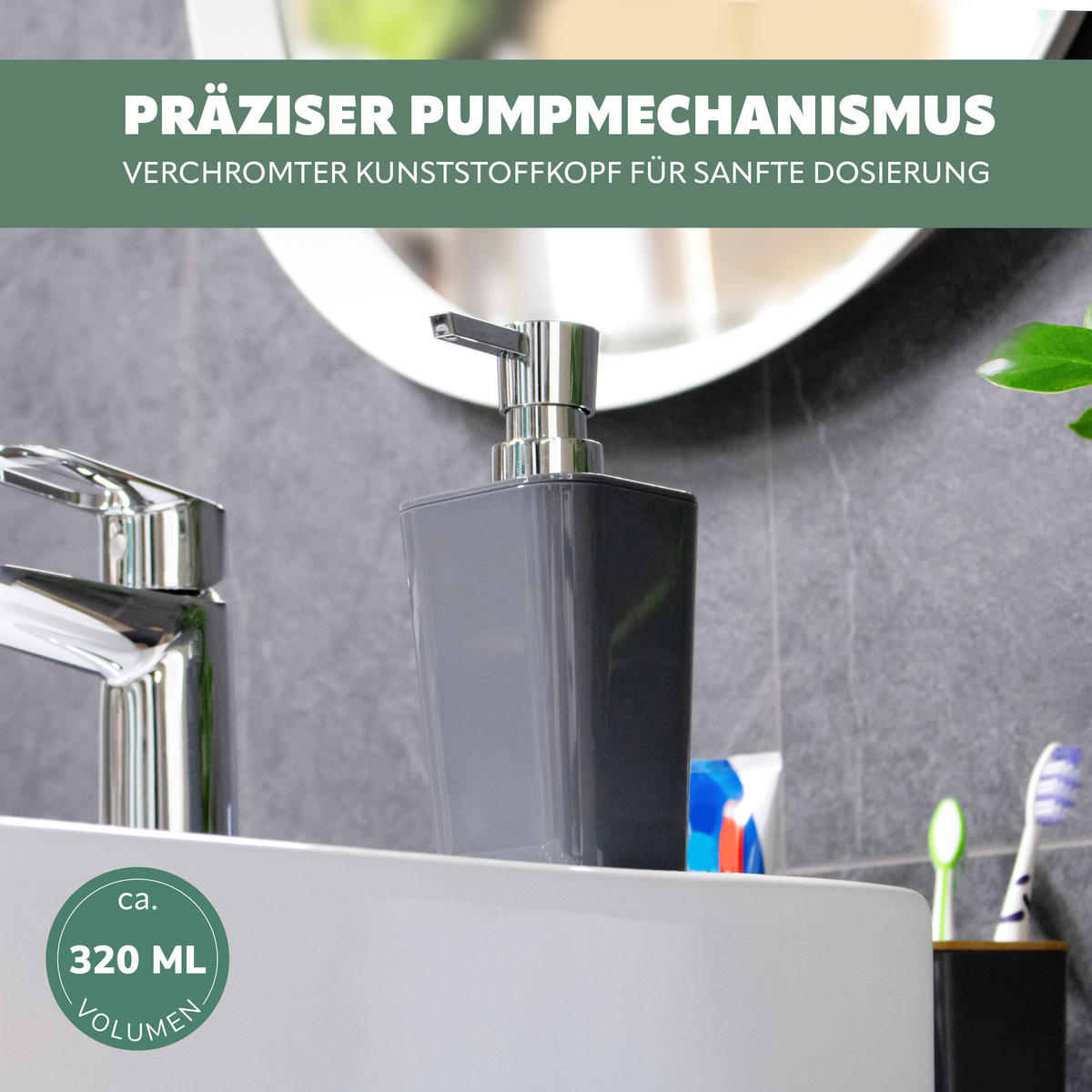 SEIFENSPENDER 320 ml CALVI, grau - Grau, Kunststoff (7.4/16.5/7.4cm) - bremermann