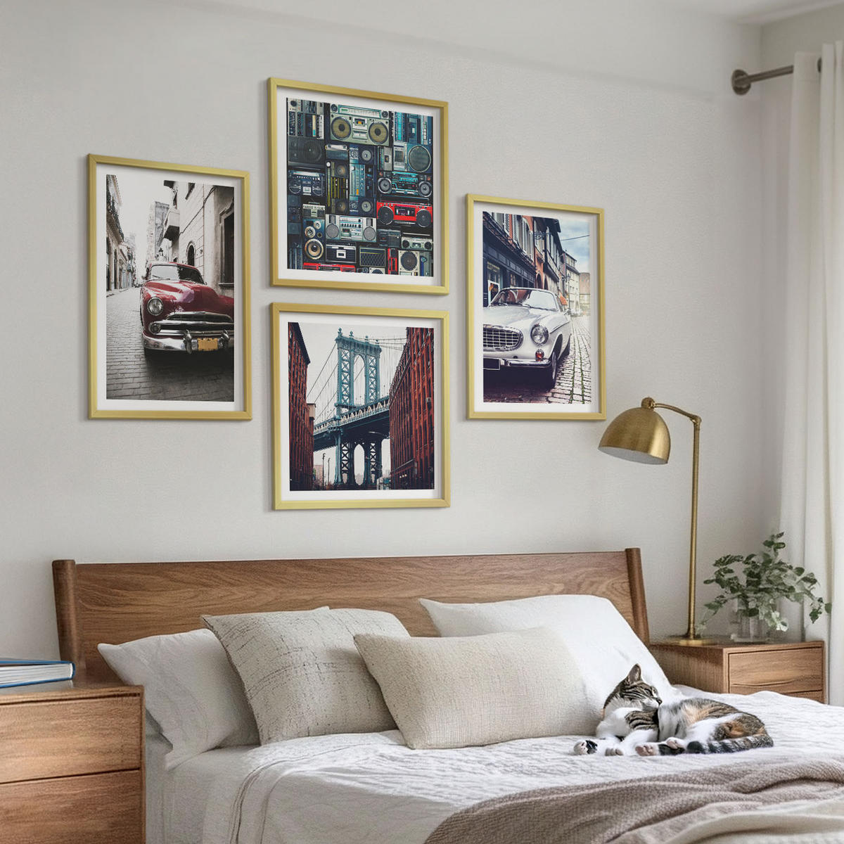 WANDBILDER 4er Set - 50x50 cm & 40x60 cm Goldrahmen - Old Cars Brooklyn Retro-Audio - Goldfarben, Kunststoff (50/50cm) - ArtPrintCave