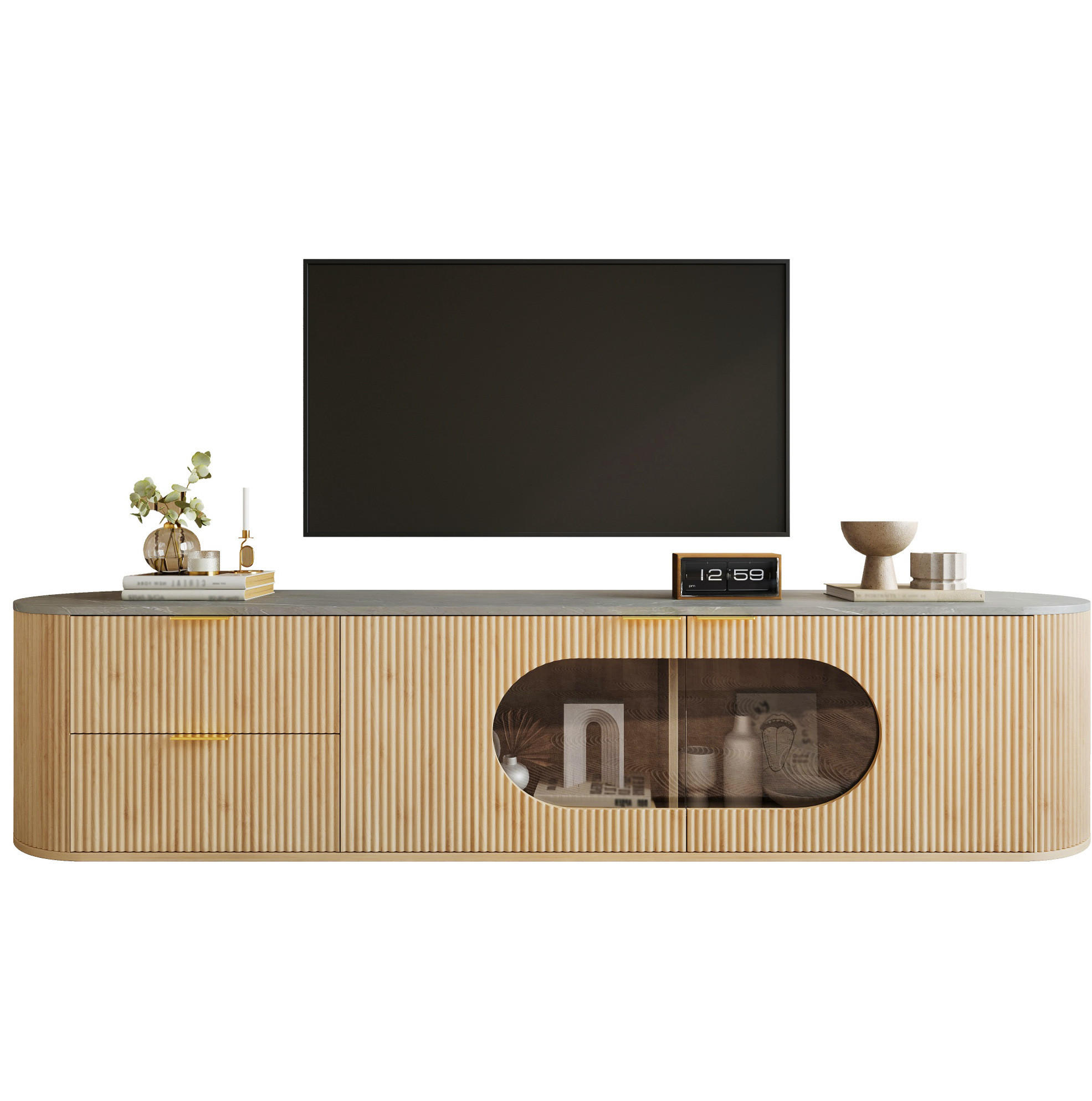 TV-SCHRANK 172/38/45,5 cm mit Stauraum, ovaler Glasvitrine und 3D-Türfronten, Natur - Hellbraun, Holzwerkstoff (172/45.5/38cm) - Redom