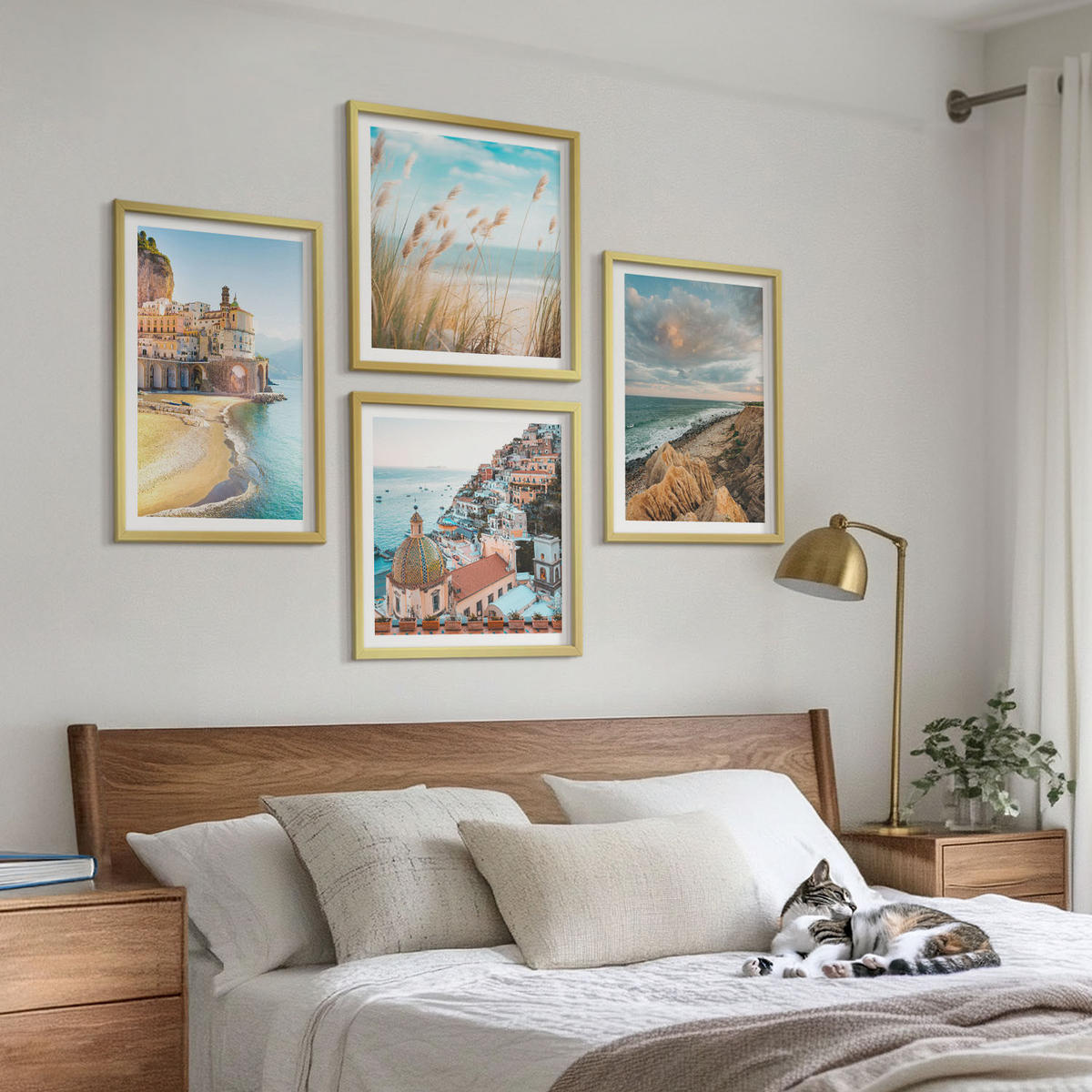 BILDER SET 4er Set - 50x50 cm & 40x60 cm Goldrahmen - Landschaften Strand Stadt Klippen - Goldfarben, Kunststoff (50/50cm) - TULUP