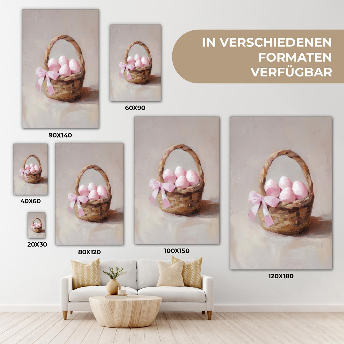 LEINWANDBILD Korb - Eier - Rosa Deko Groß 90x140 cm - Beige, Textil (90/140cm) - MuchoWow
