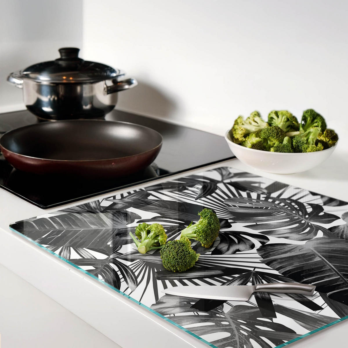 GLASPLATTE 60x52 cm Tropische Blätter - Schwarz, Glas (60/0.4/52cm) - TULUP