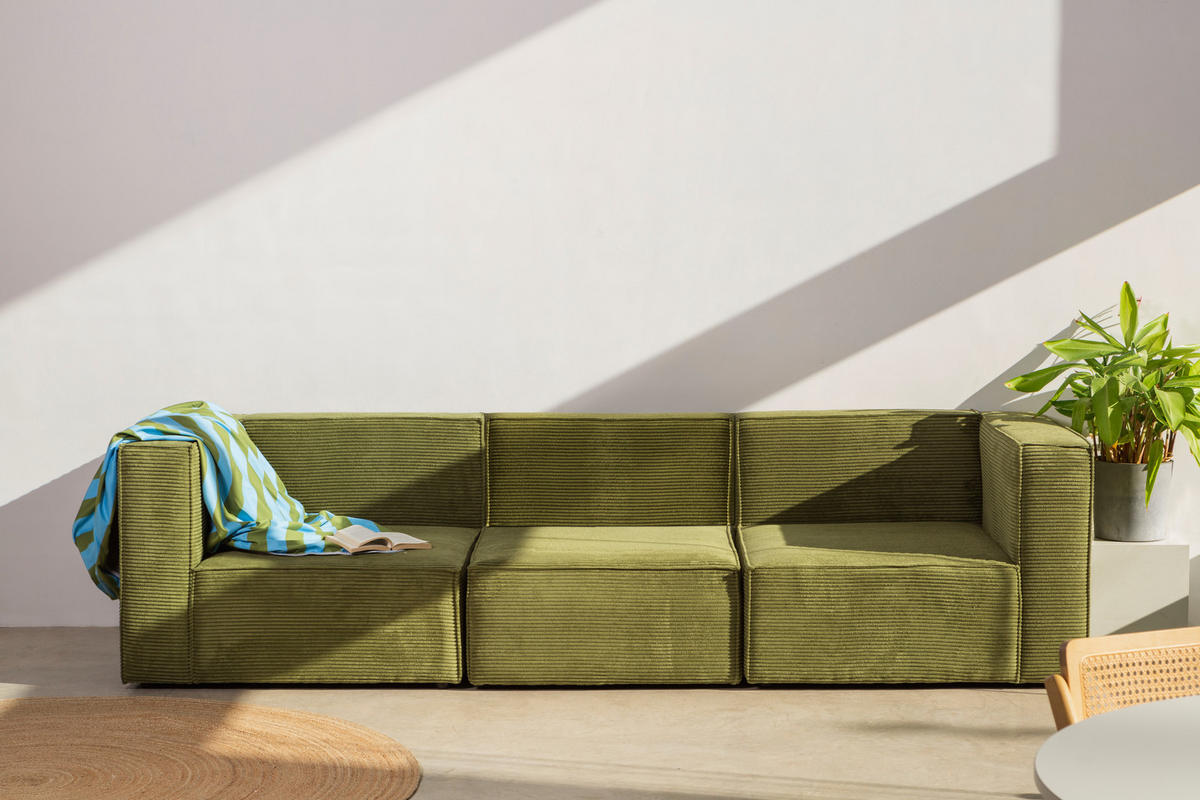 4-SITZER-SOFA Chaiselongue bezogen grünem Kord-Samt HARPER - Grün, Textil (100/65/360cm) - RNT By Really Nice Things