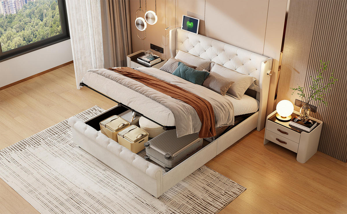 POLSTERBETT 140/190 cm beige mit Stauraum und LED - Beige, Holz