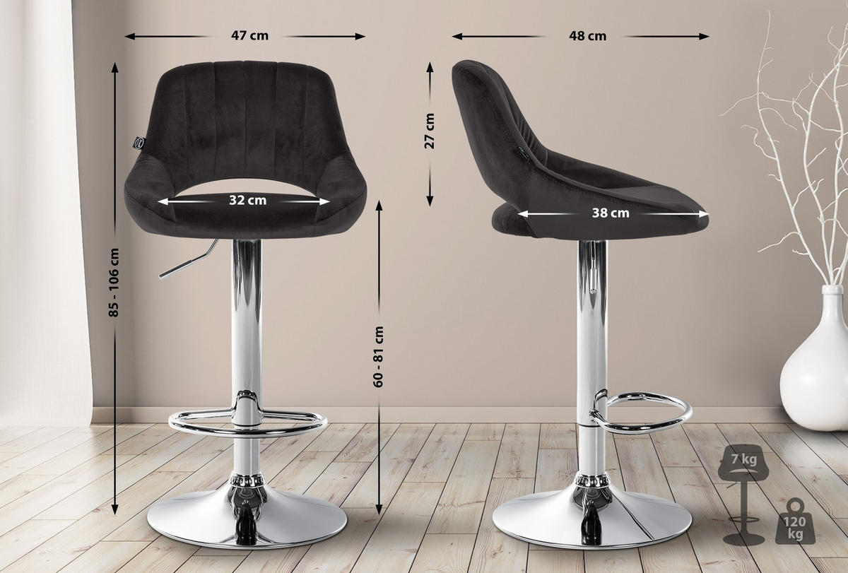BARHOCKER 2er Set Milos Samt C schwarz - Chromfarben/Schwarz, Textil/Metall (47/106/48cm) - TPFLiving