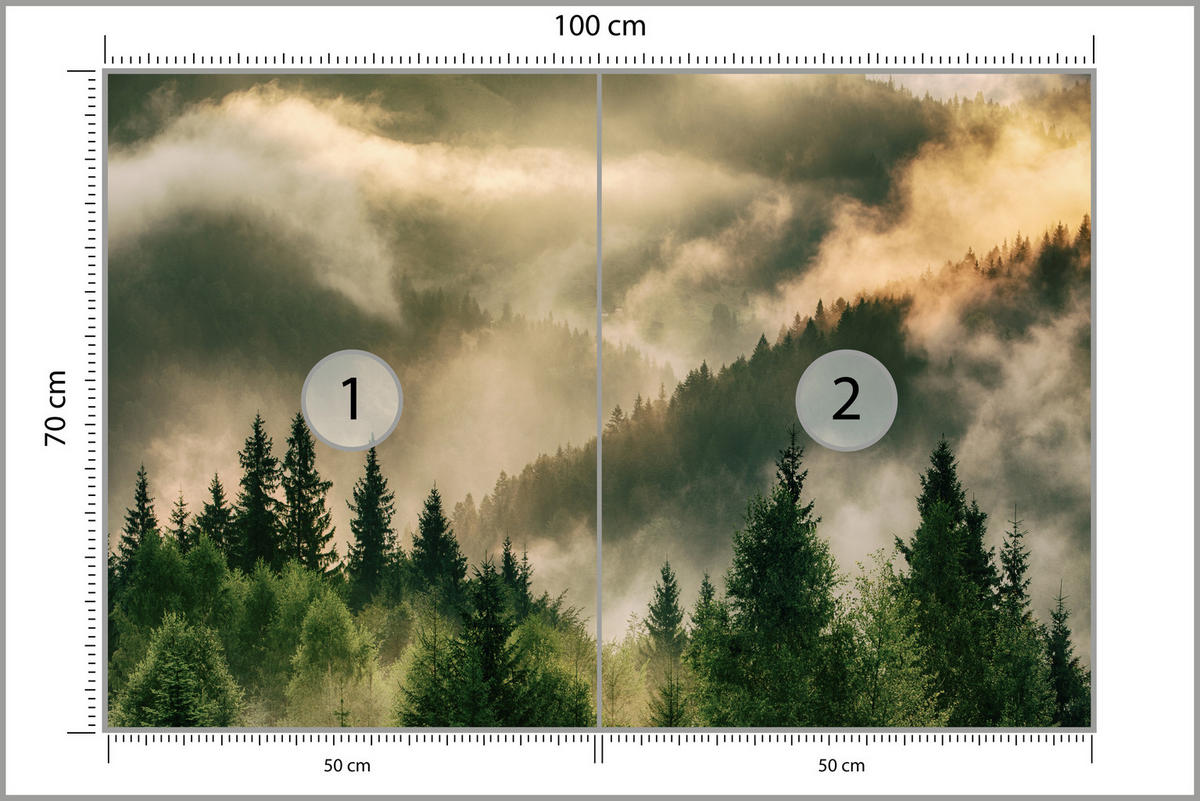 FOTOTAPETE für Wohnzimmer Neblige Landschaft Bergwald Nadelbäume 100x70 - Gelb/Orange, Papier (100/70cm) - Muralo