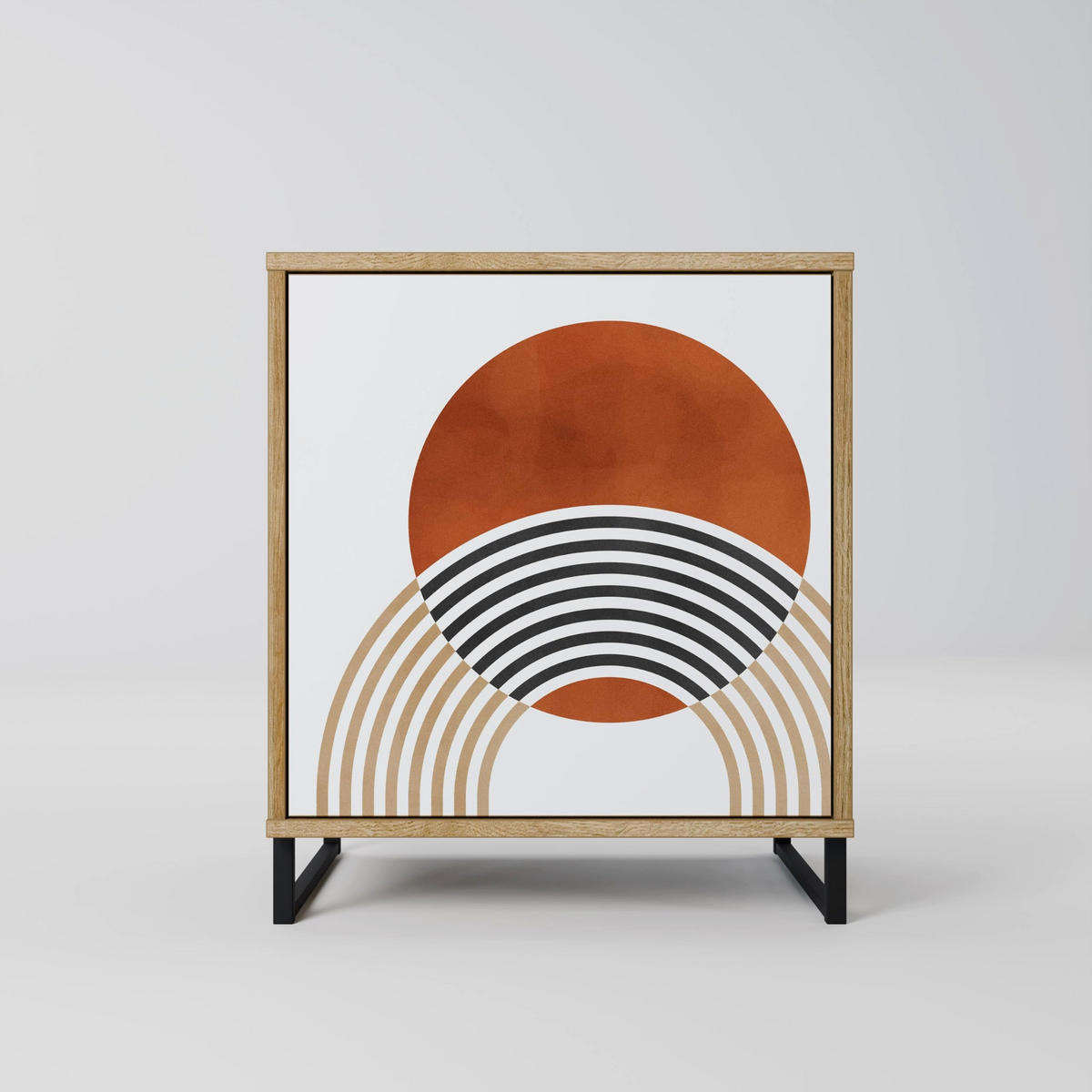 SIDEBOARD CIRCLE RHYTM, Eichefarben, 57,5x42x72,5 cm, Schwarze Metallfüße - Eichefarben/Multicolor, Holzwerkstoff/Metall (57.5/72.5/42cm) - SpaceRebels