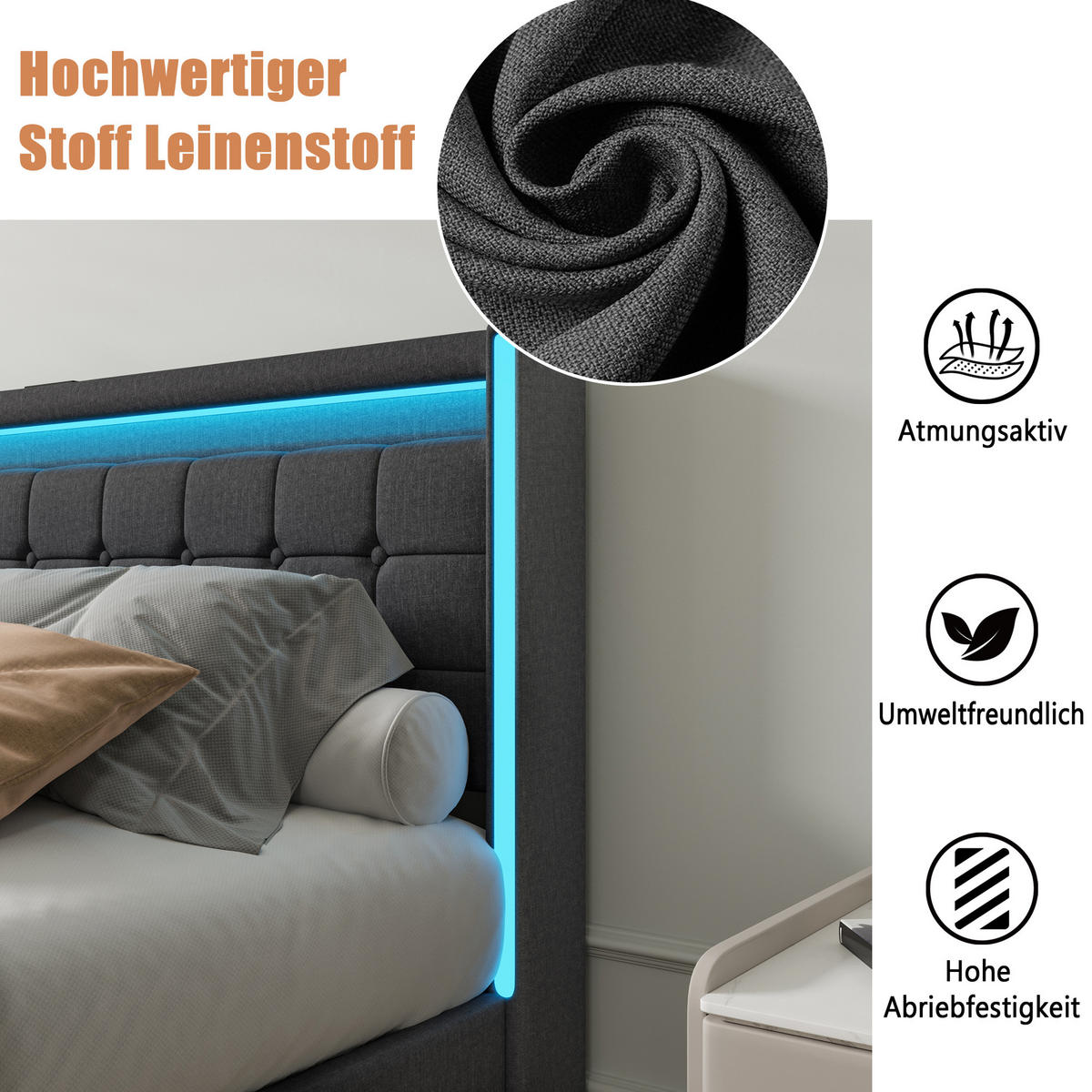 POLSTERBETT 160x200 cm mit 4 Schublade, Doppelbett 160x200 cm mit LED und USB, Lattenrost, Bett 160x200, Dunkelgrau Leinenstoff - Dunkelgrau, Holzwerkstoff/Textil (160/200cm) - GENKI LIVING