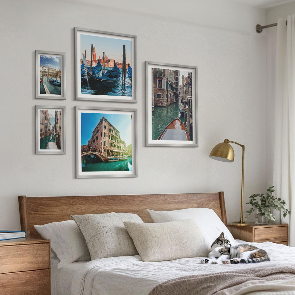 WANDBILDER 5er Set - 50x50 cm & 20x30 cm & 40x60 cm Silberner Rahmen - Küchenutensilienmuster Blätter - Silberfarben, Kunststoff (40/60cm) - ArtPrintCave