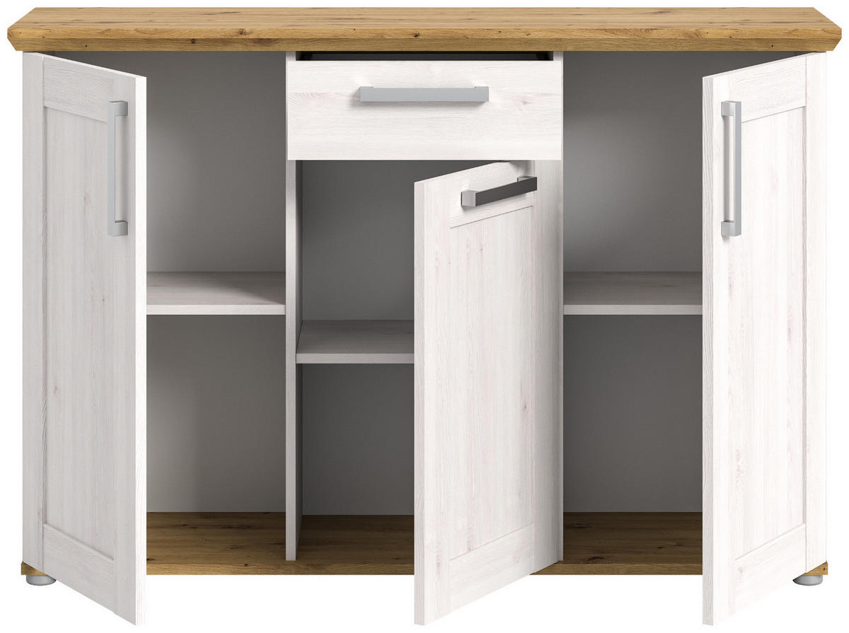 SIDEBOARD weiß Lärche, Eiche Artisan 137 cm, Kommode im Landhaus-Stil - Silberfarben/Weiß, Holzwerkstoff/Kunststoff (137/92/39cm) - Inn.Furn