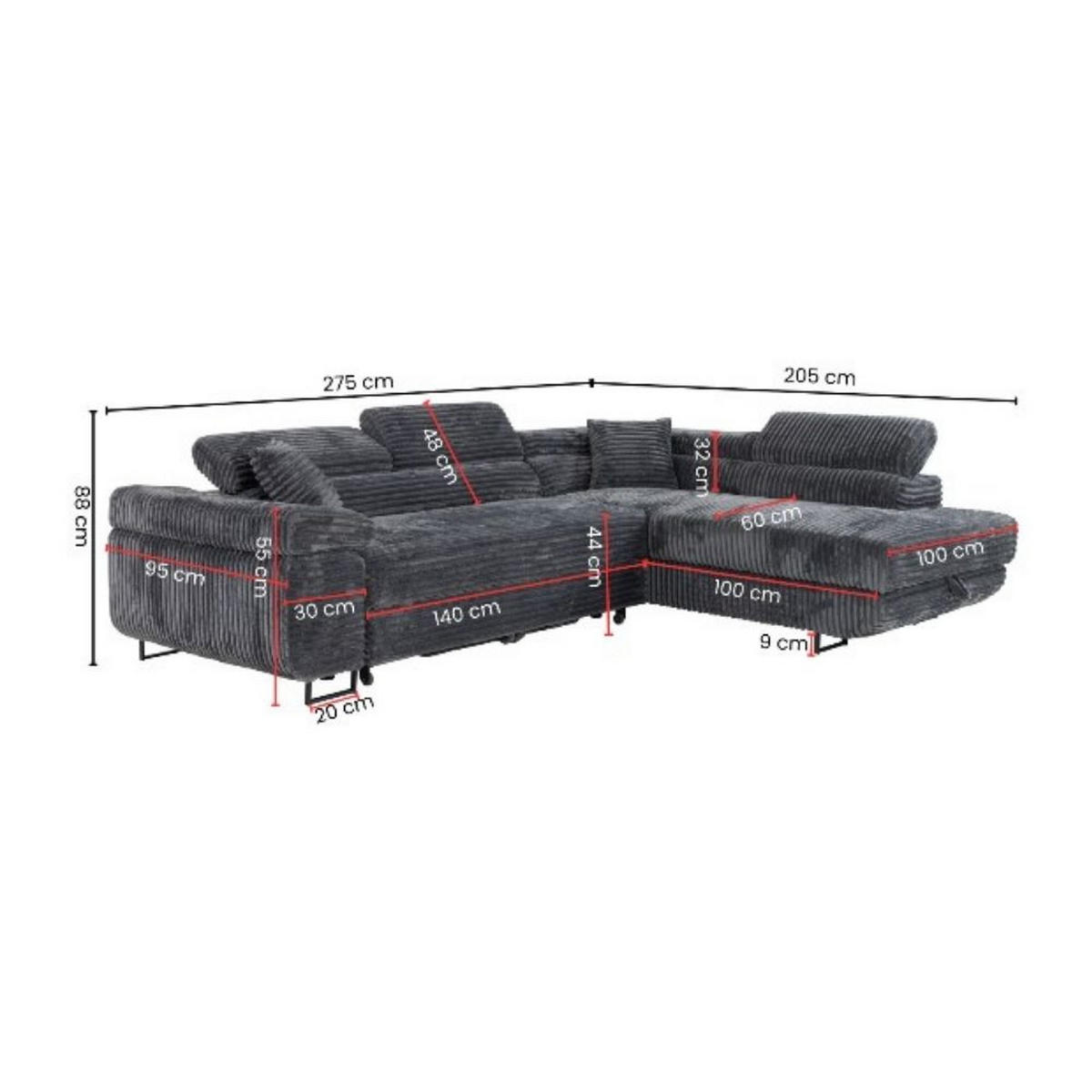 ECKSCHLAFSOFA Luis L, mit Schlaffunktion und Bettkasten – praktisch und bequem, Rechts, Dunkelgrau - Dunkelgrau/Schwarz, Textil (275/205cm) - AN-Moebel 4u