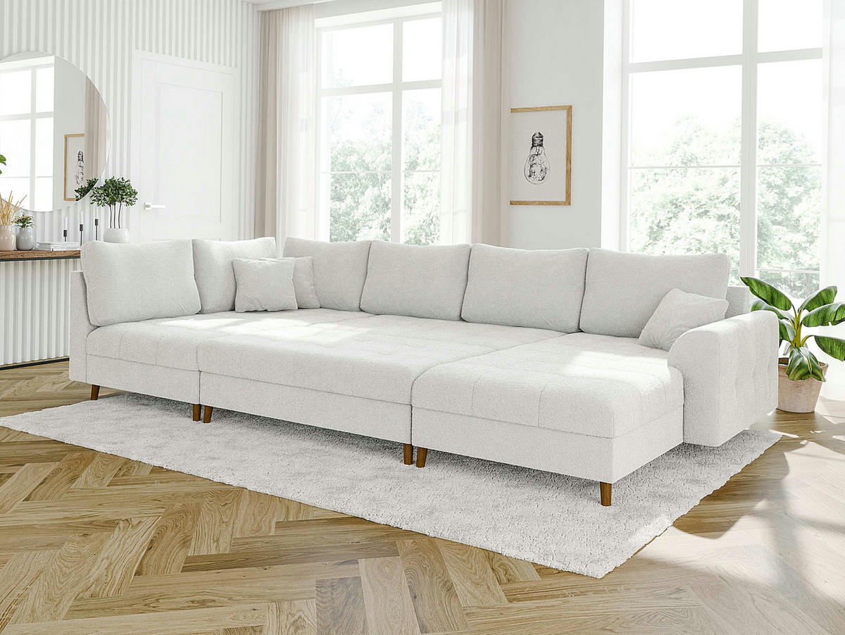 WOHNLANDSCHAFT inkl. Hocker Henrik Weiß Boucle - Weiß/Braun, Holz/Textil (310/81/161cm) - S-Style Möbel