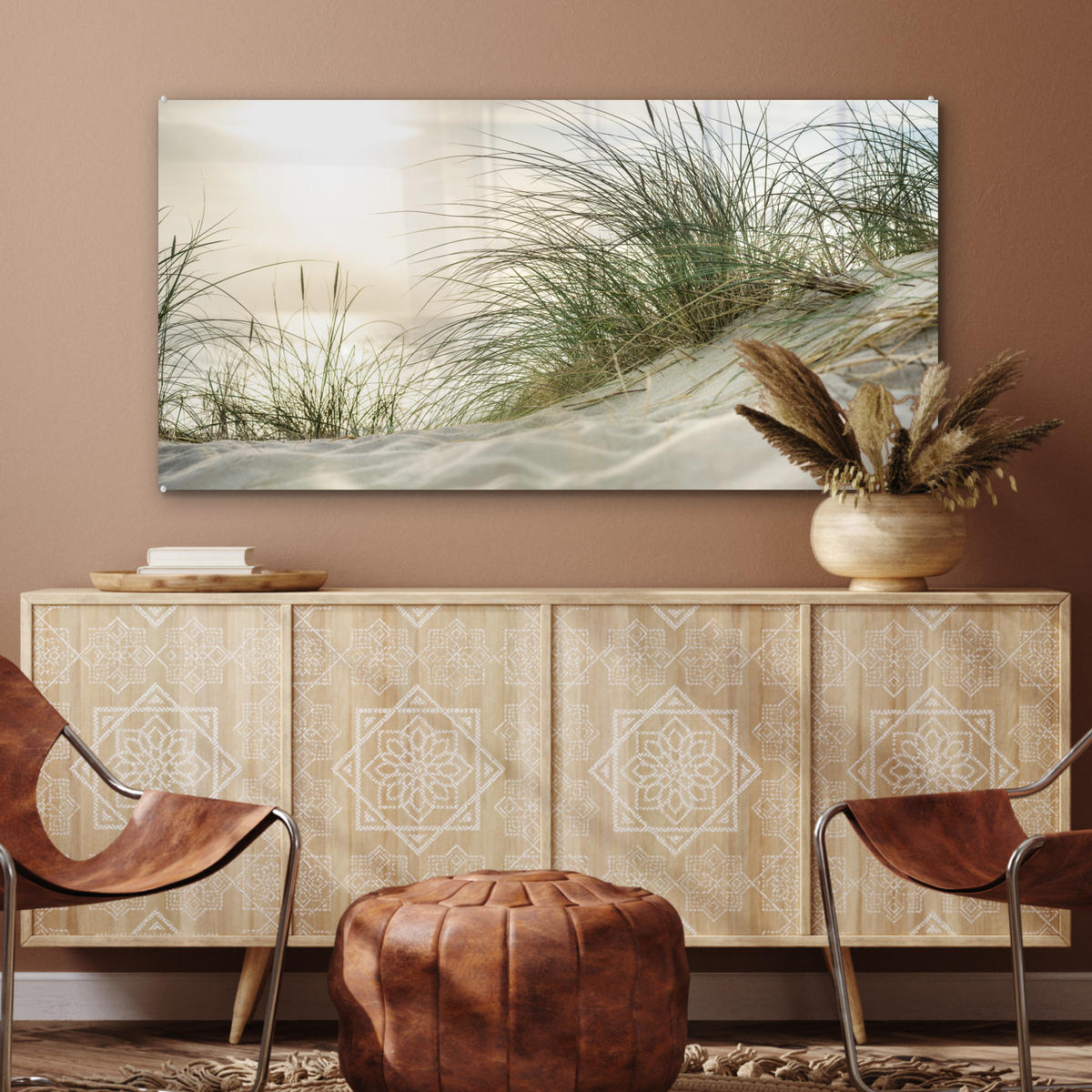 OBRAZ NA AKRYLOVOM SKLE Duny s marramovou trávou pod slnkom nemeckého národného parku Schleswig-Holsteinisches Wattenmeer 120x60 cm - krémová, sklo (120/60cm) - MuchoWow