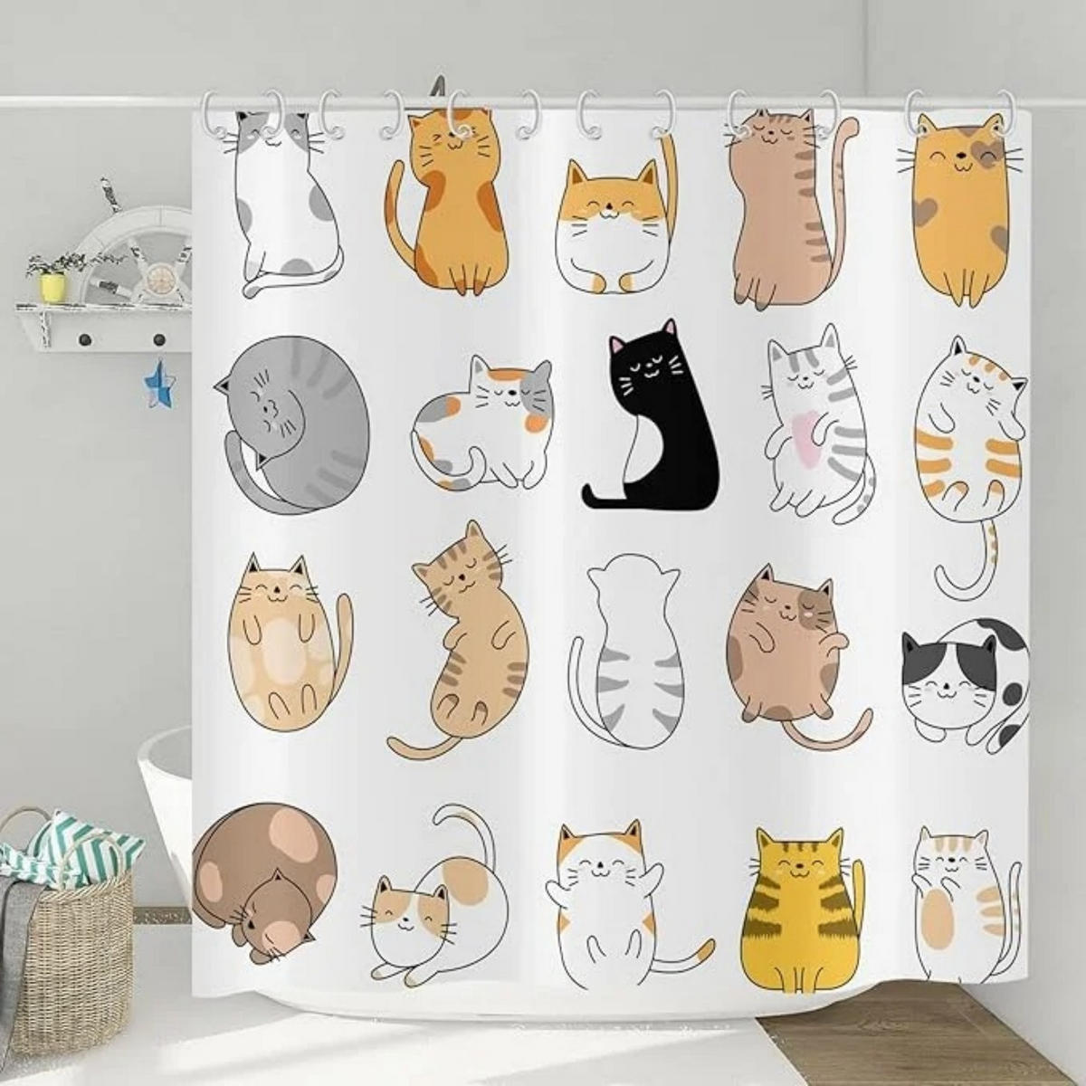 DUSCHVORHANG Bunt Katze niedlich Kätzchen für Kinder - Weiß, Textil (180/180cm) - MCBOSON