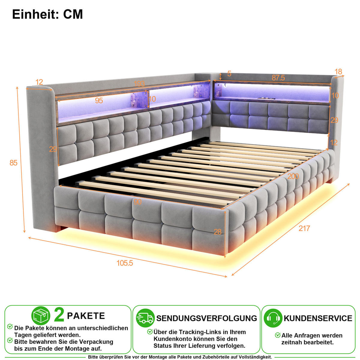 POLSTERBETT 90/200 cm in Hellgrau mit Bettkasten, LED, USB und Type-C - Hellgrau, Holzwerkstoff/Textil (90/200cm) - CHICFURN