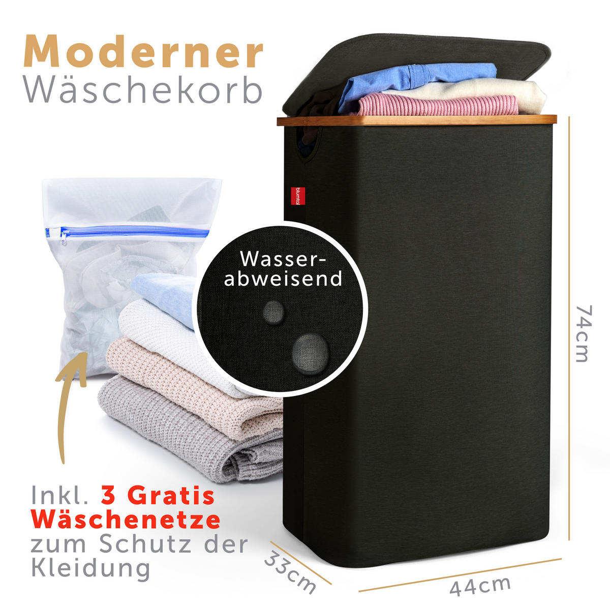 KÔŠ na bielizeň s vekom, 100L, Čierny - čierna, drevo (33/74/44cm) - Blumtal