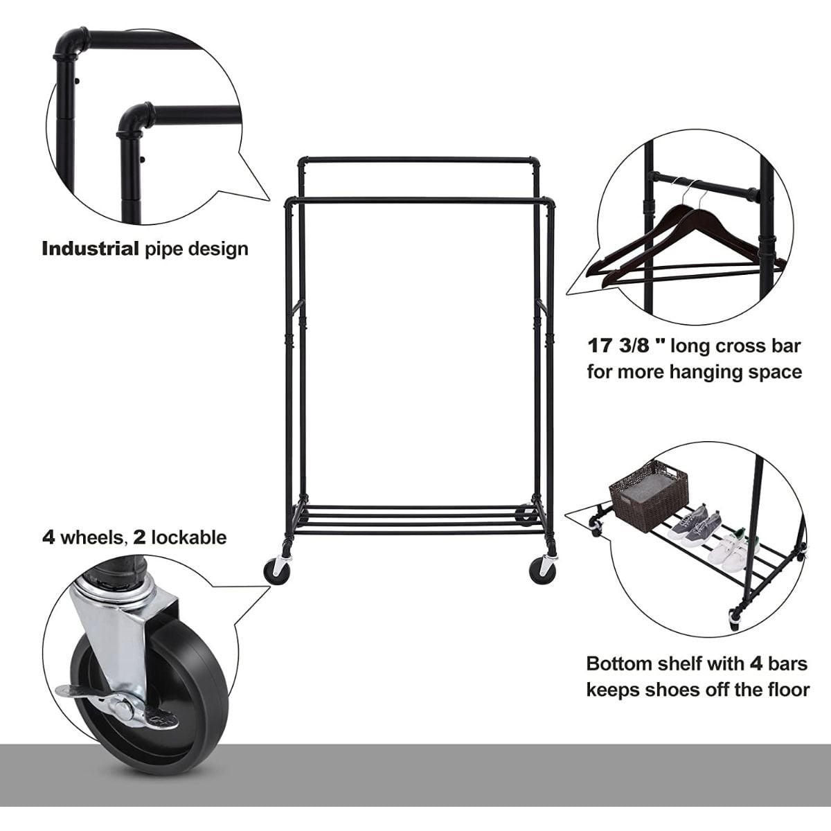 KLEIDERSTÄNDER mit zwei Kleiderstangen und Regal auf Rollen - Schwarz, Metall (59/146/100cm) - Calicosy