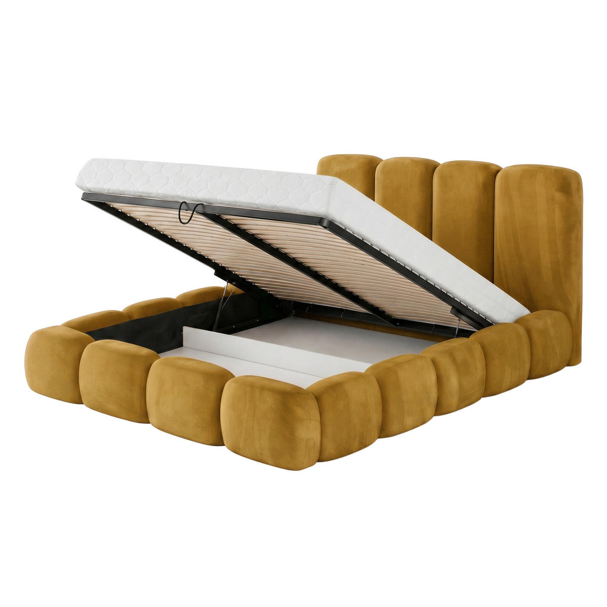 POLSTERBETT SUENO MAXI 140x200 cm in Gelb, gepolstertes Kopfteil, Metalllattenrost, Bettkasten, Velour-Stoff - Gelb/Naturfarben, Holz/Textil (140/200cm) - Muffo