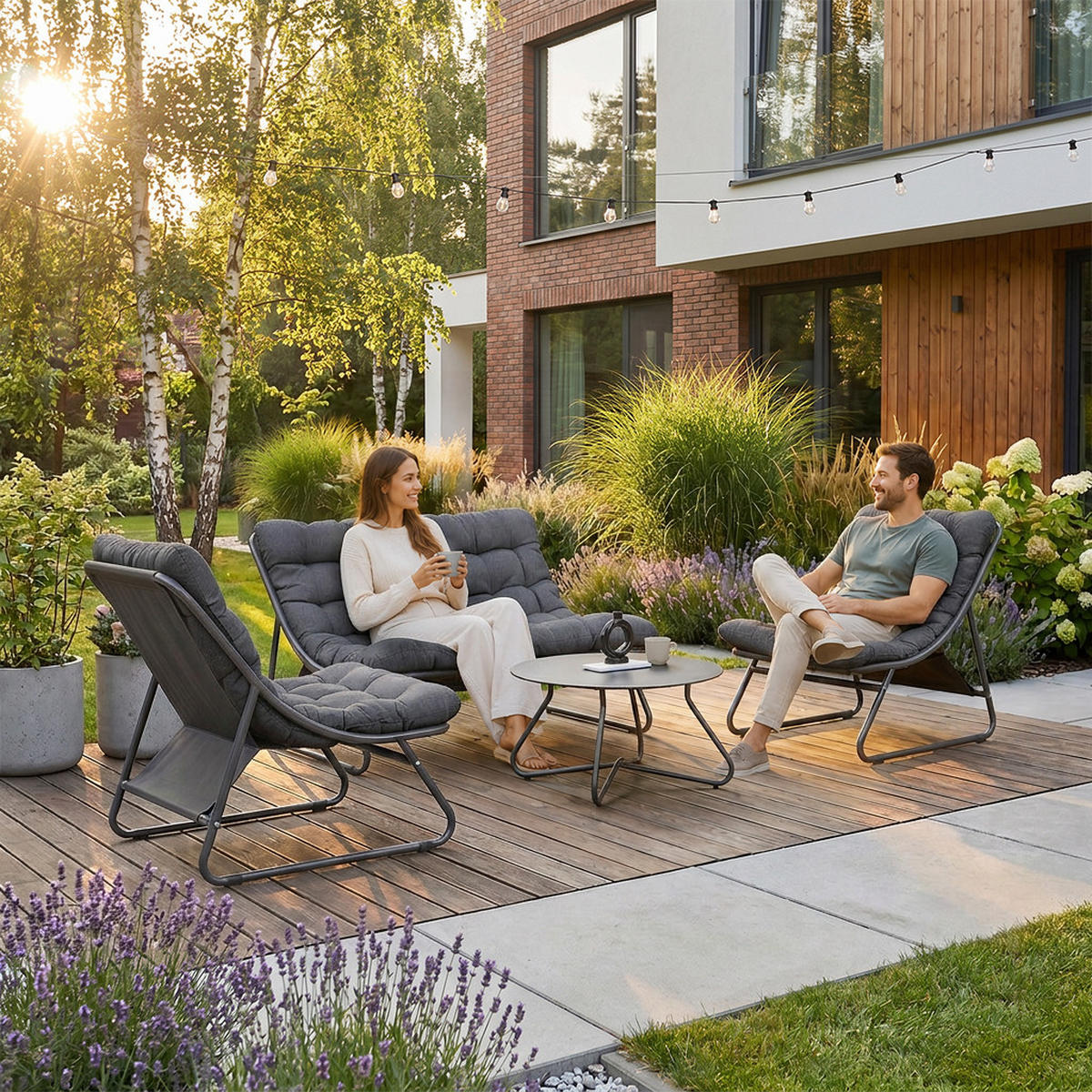ZAHRADNÍ SESTAVA Solaro, kovová, 2 křesla + 2místná pohovka + konferenční stolek, tmavě šedá - tmavě šedá, kov - Beautysofa