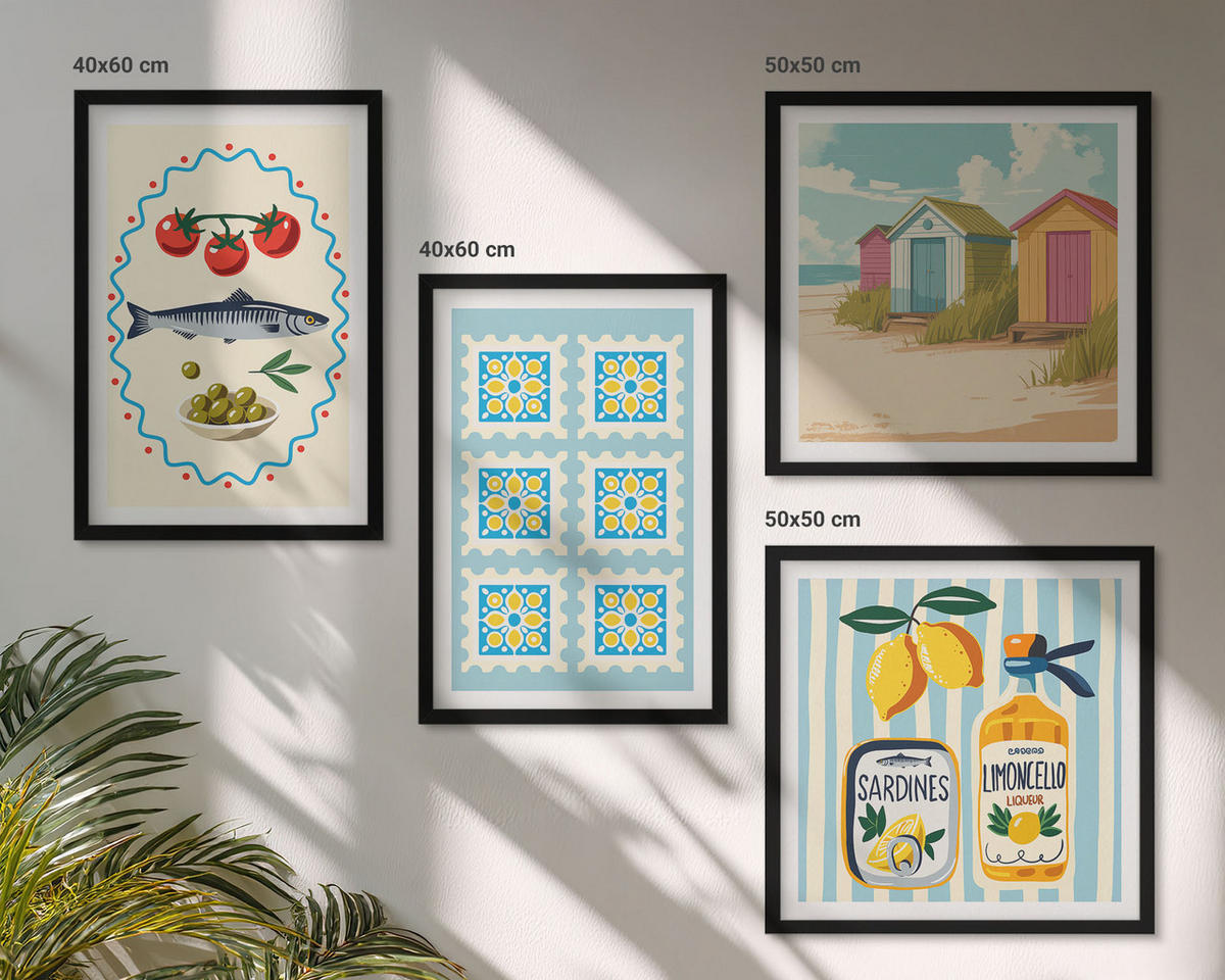 BILDER SET 4er Set - 50x50 cm & 40x60 cm Schwarzer Rahmen - Illustrationen der mediterranen Küche - Schwarz, Kunststoff (50/50cm) - TULUP